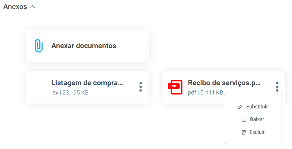 Lista de arquivos na seção 'Anexos', exibindo o menu de ações aberto em um documento com as opções 'Substituir', 'Baixar' e 'Excluir'.