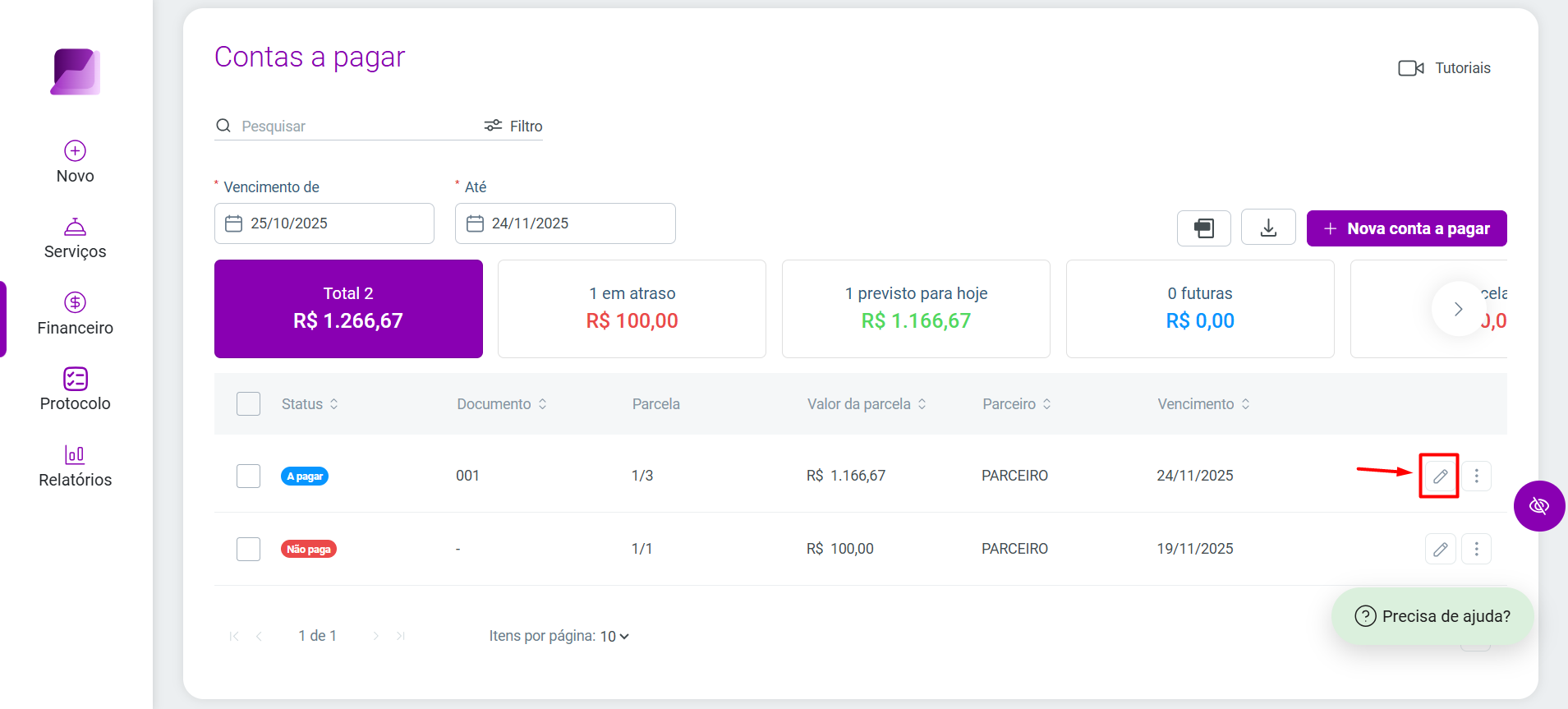 Interface de listagem de contas a pagar com destaque em vermelho no ícone de lápis, utilizado para editar uma conta específica.