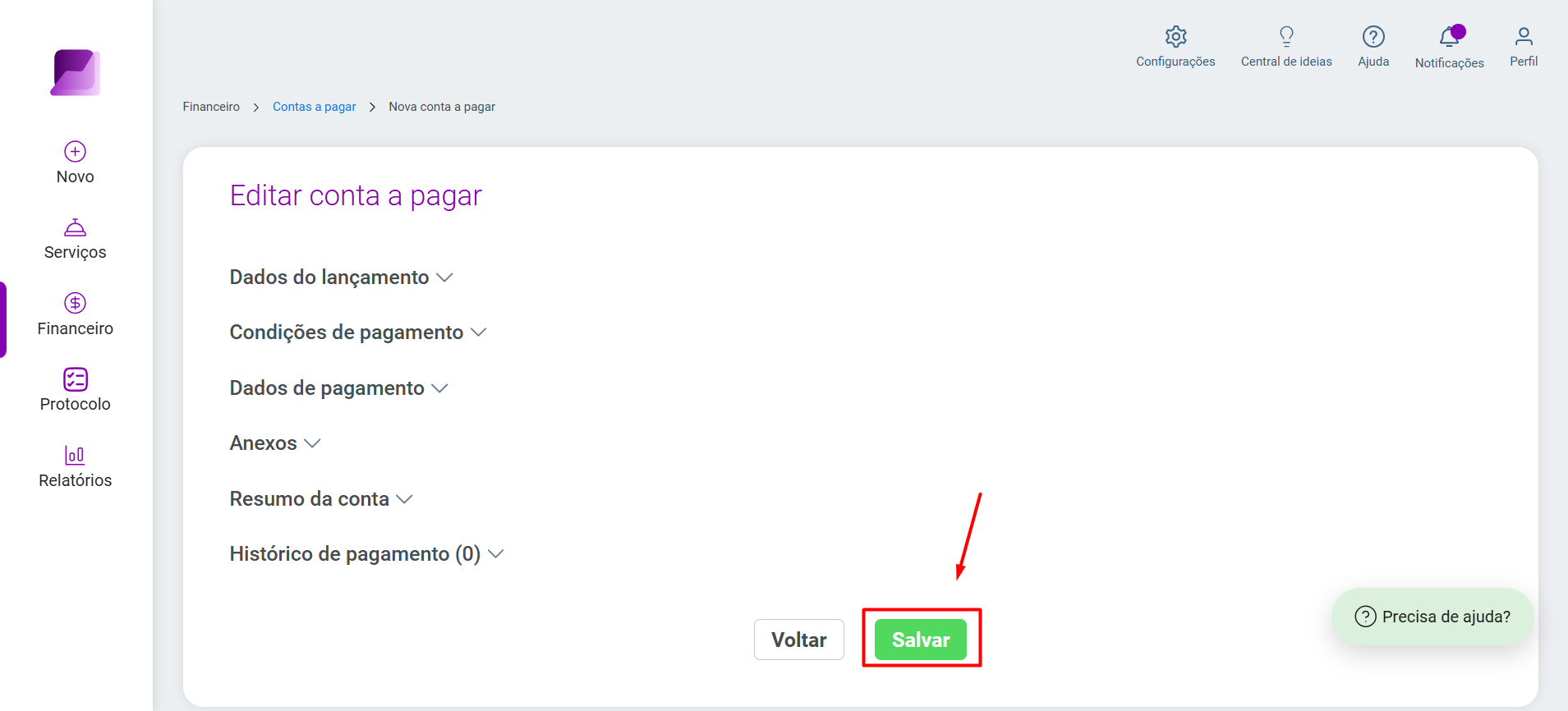 Formulário de 'Editar conta a pagar' aberto, com destaque visual apontando para o botão verde 'Salvar' no canto inferior.