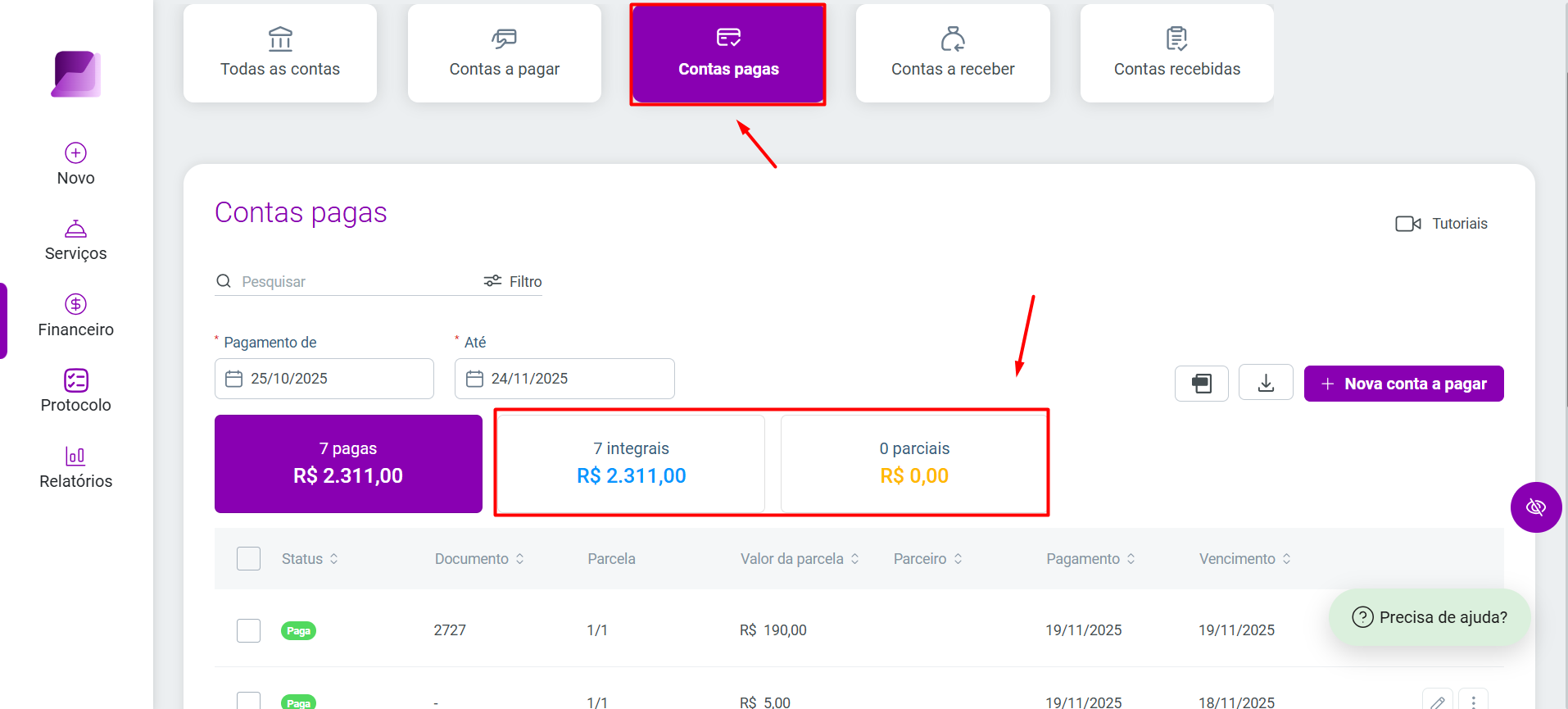 Aba 'Contas pagas' selecionada no topo, com destaque para os cards de resumo mostrando valores de contas integrais e parciais.