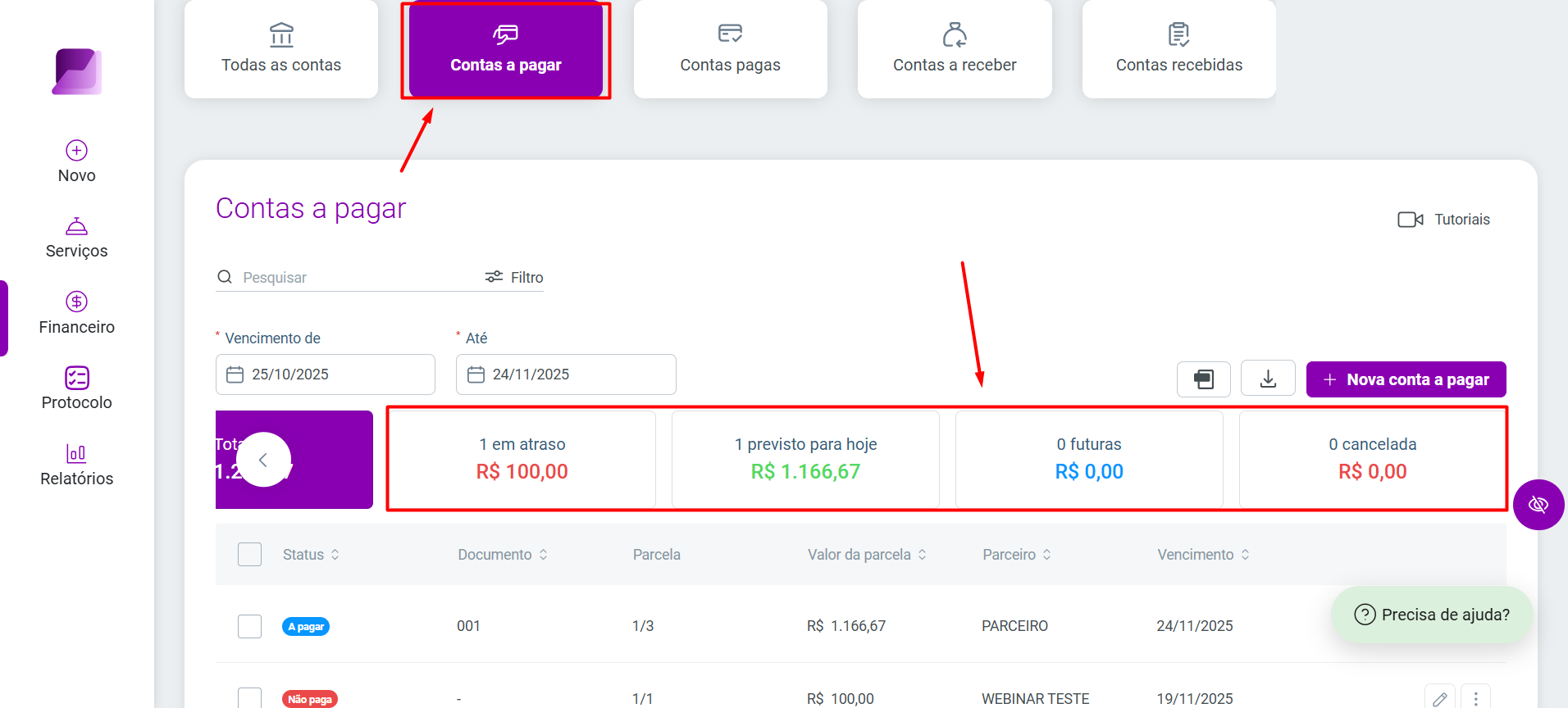 Tela 'Contas a pagar' ativa, com destaque nos cards coloridos de resumo financeiro: contas em atraso, previstas para hoje e futuras.