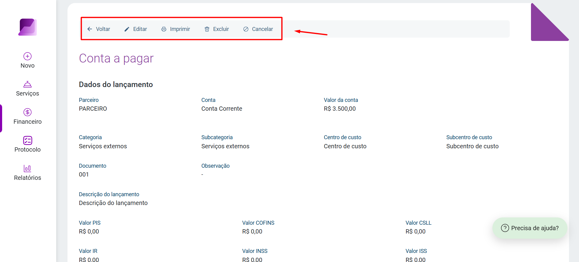 Tela de detalhes de uma conta a pagar, destacando a barra de ferramentas superior com botões Voltar, Editar, Imprimir, Excluir e Cancelar.