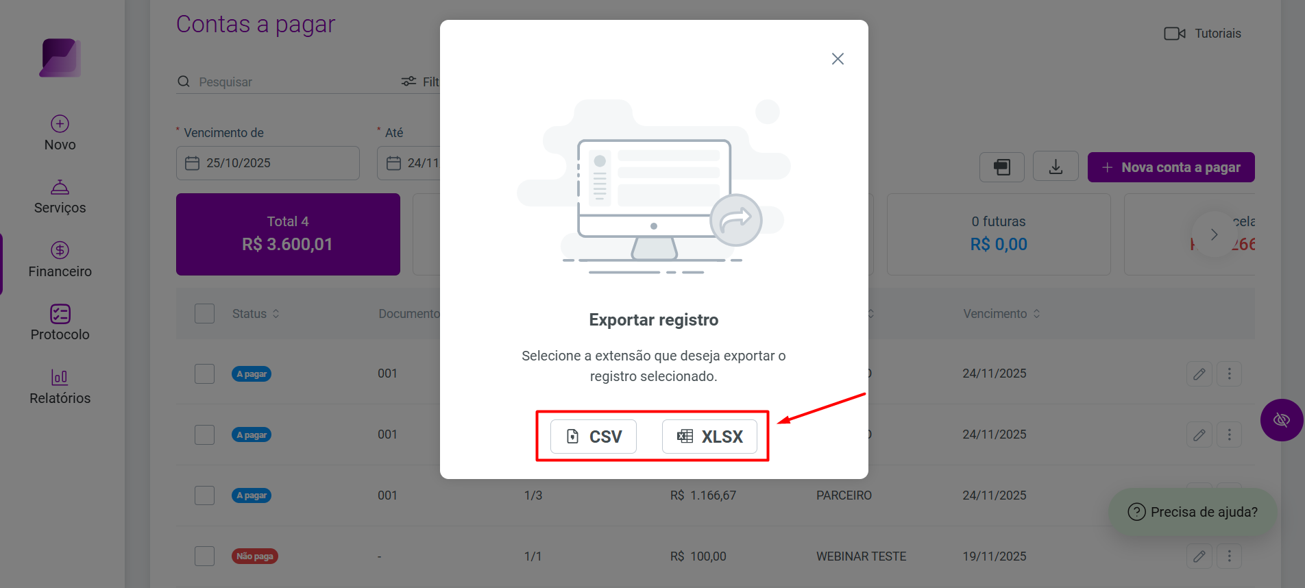 anela 'Exportar registro' apresentando os formatos disponíveis para download. As opções 'CSV' e 'XLSX' estão destacadas.