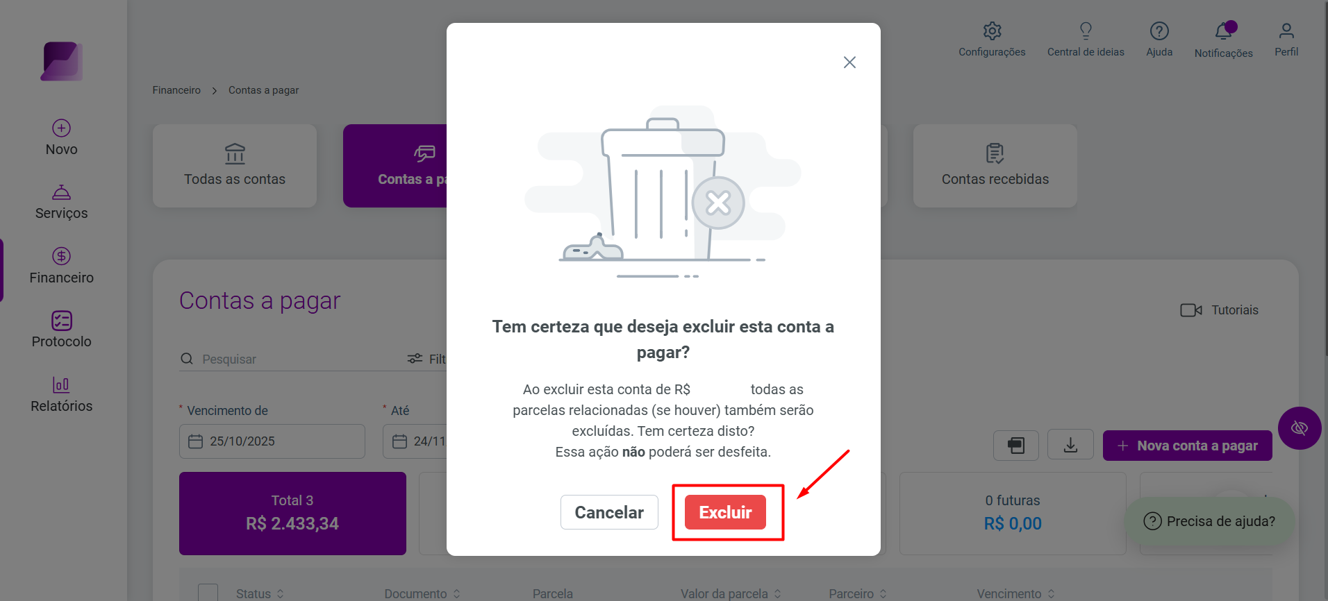 Modal de confirmação para exclusão de conta a pagar com aviso de remoção de parcelas vinculadas. O botão 'Excluir' está em destaque.