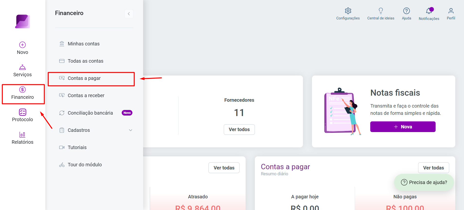 Menu lateral do sistema com a aba Financeiro expandida e a opção Contas a pagar destacada em vermelho, indicando o caminho de acesso.
