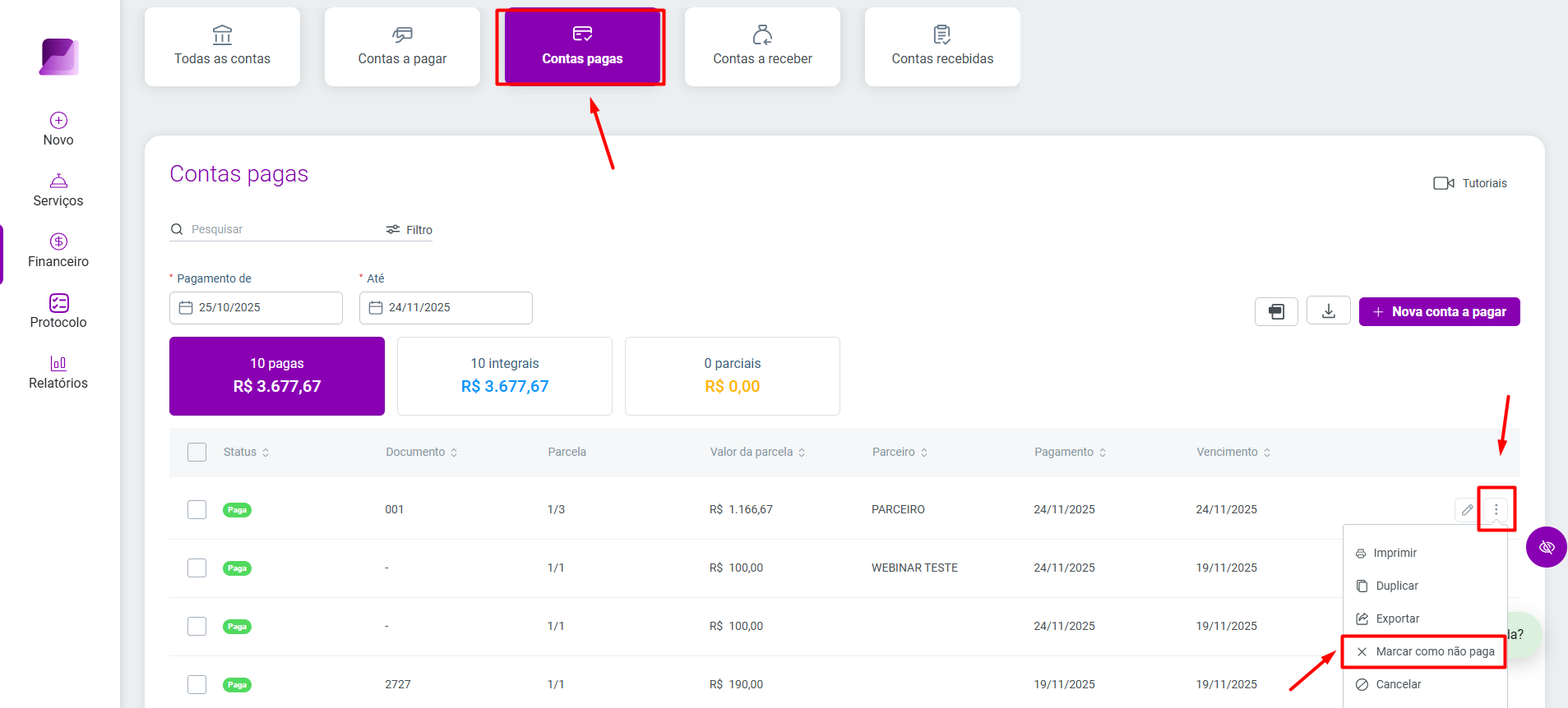 Tela Contas pagas com o menu de opções de um lançamento aberto. A função Marcar como não paga está destacada para iniciar o estorno.
