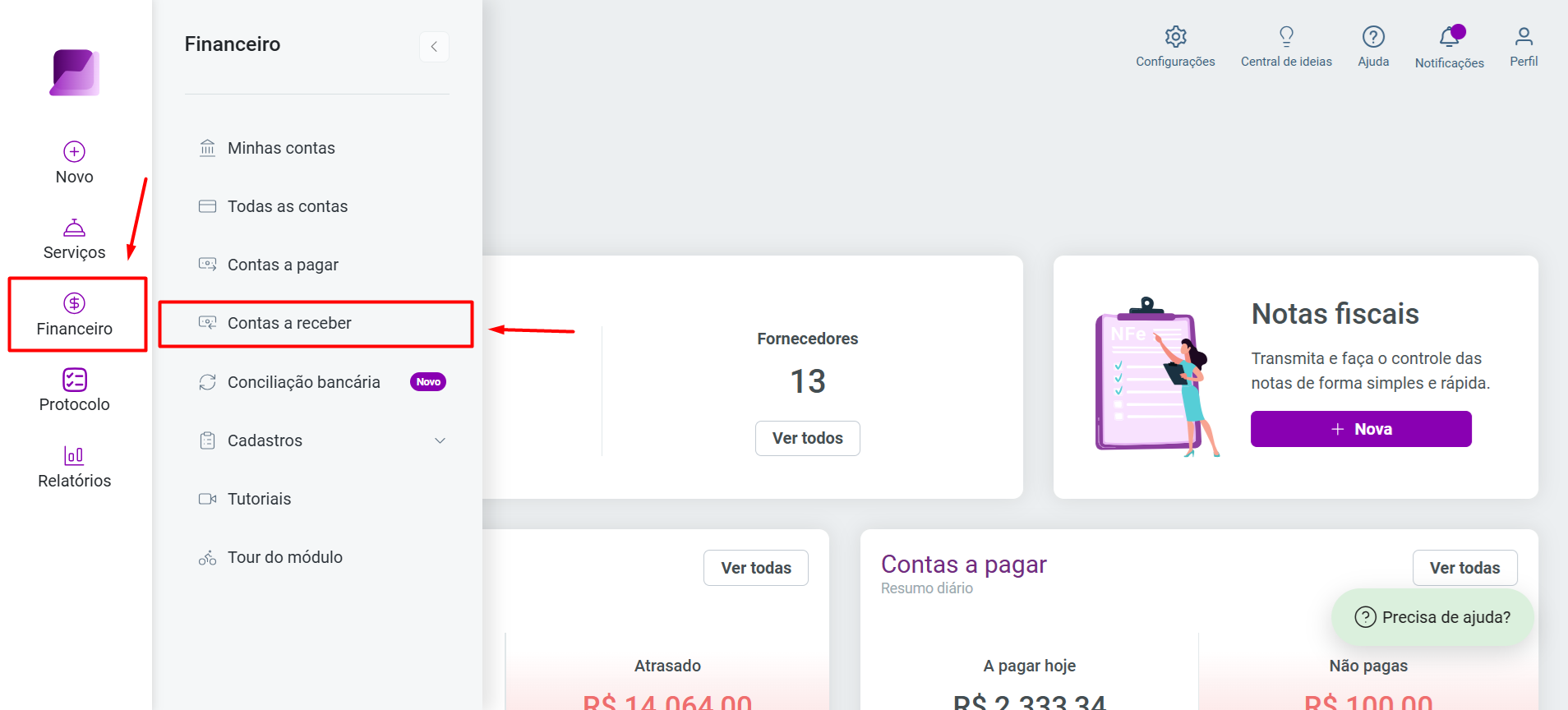 Menu lateral do sistema com caixas vermelhas destacando a seleção do módulo 'Financeiro' e, em seguida, a opção 'Contas a receber'.