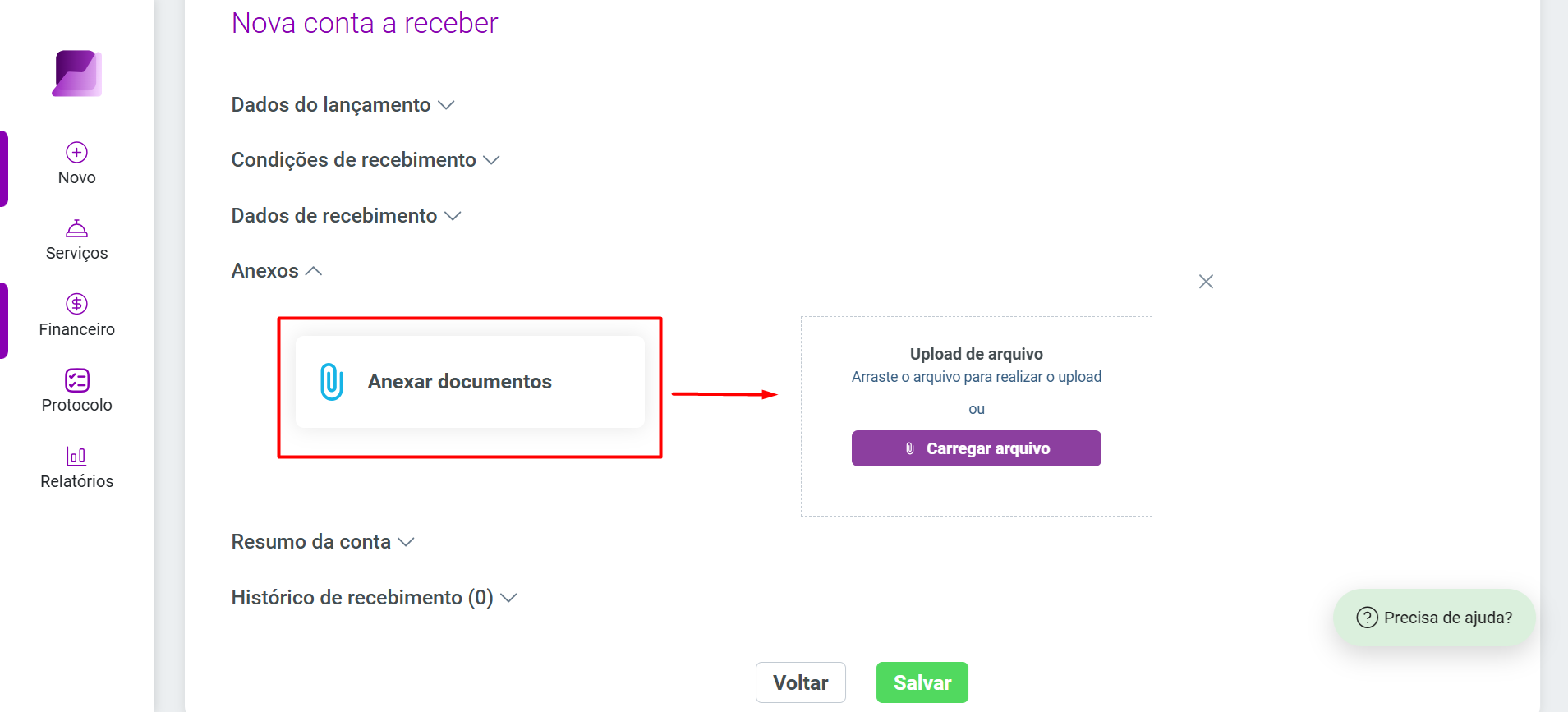 Tela de cadastro com destaque em vermelho no botão 'Anexar documentos', indicando a funcionalidade de upload de arquivos na seção Anexos.