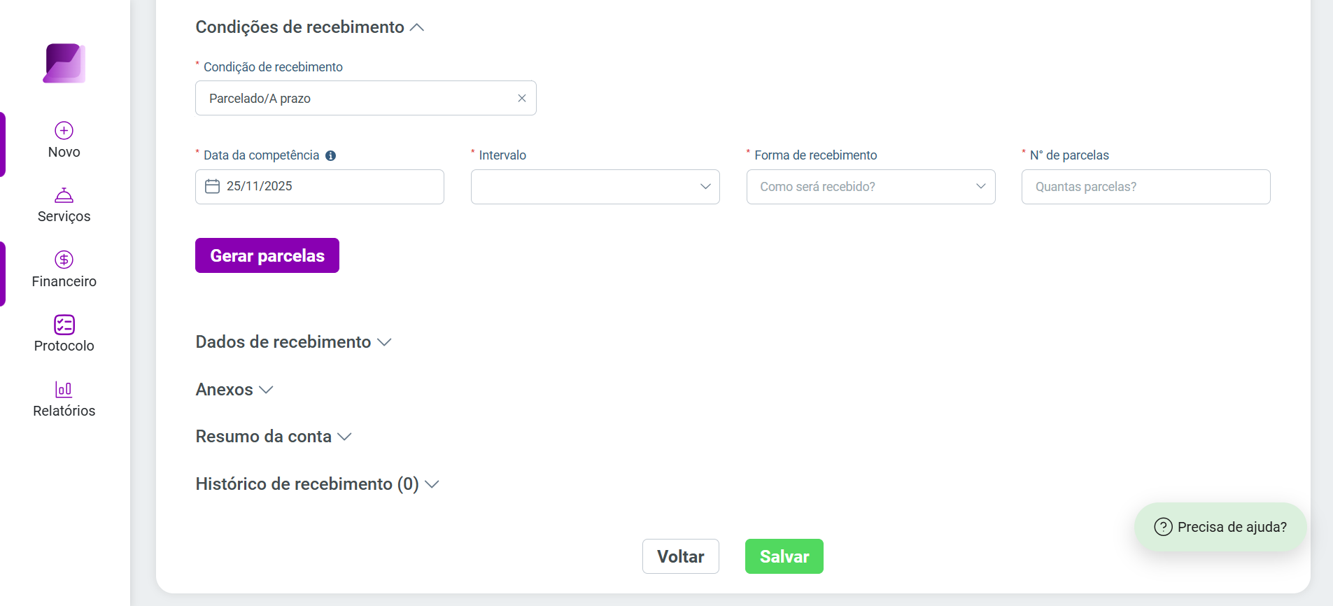 Formulário 'Condições de recebimento' definido como 'Parcelado/a prazo', mostrando campos para data, intervalo e número de parcelas a gerar.