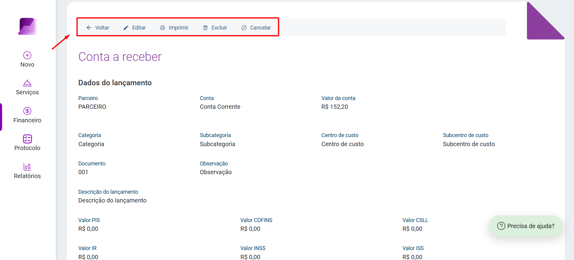 Menu de filtros aberto exibindo opções de 'Situação', permitindo selecionar status como 'Em aberto', 'Recebida' ou 'Cancelada'.