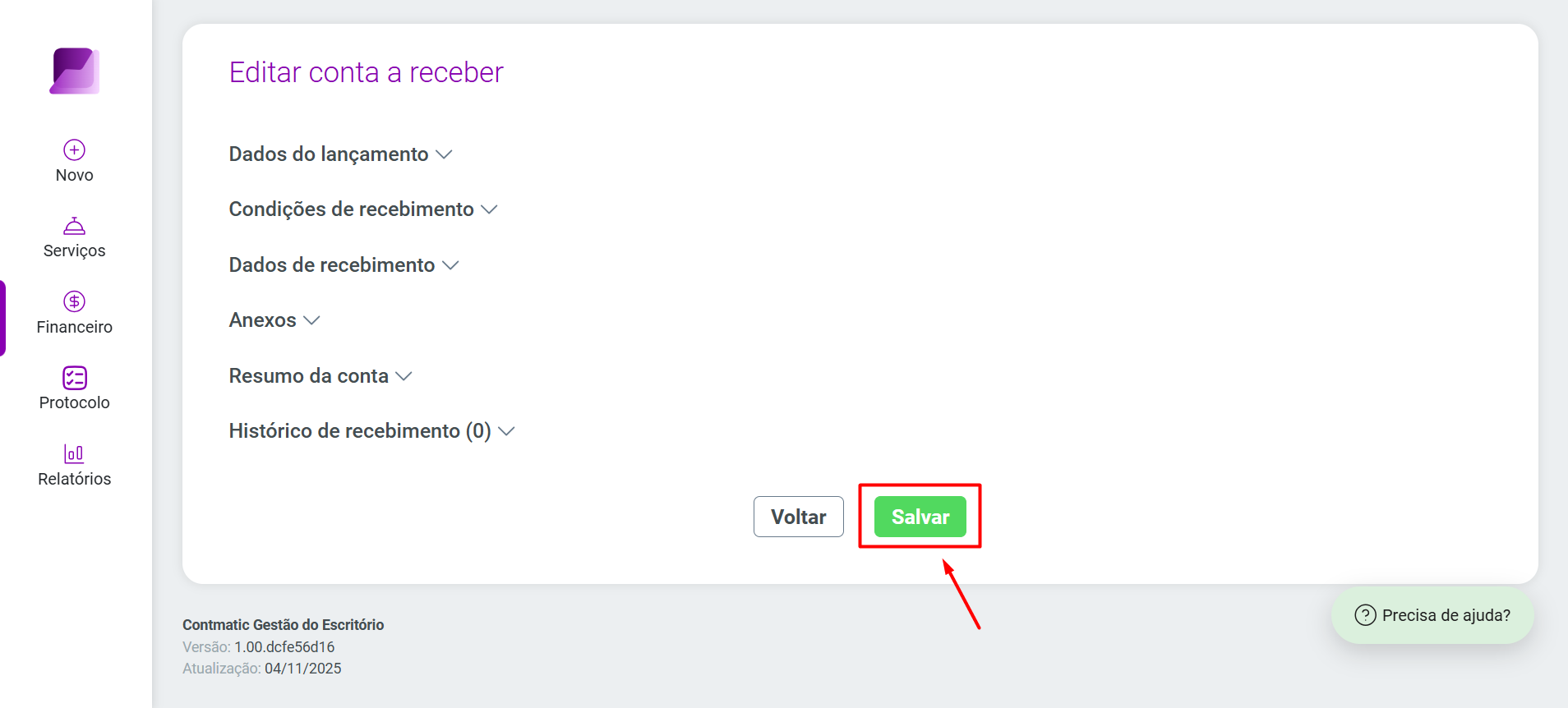 Menu de ações expandido em um registro da lista, exibindo as opções interativas 'Editar', 'Detalhes', 'Receber' e 'Excluir'.