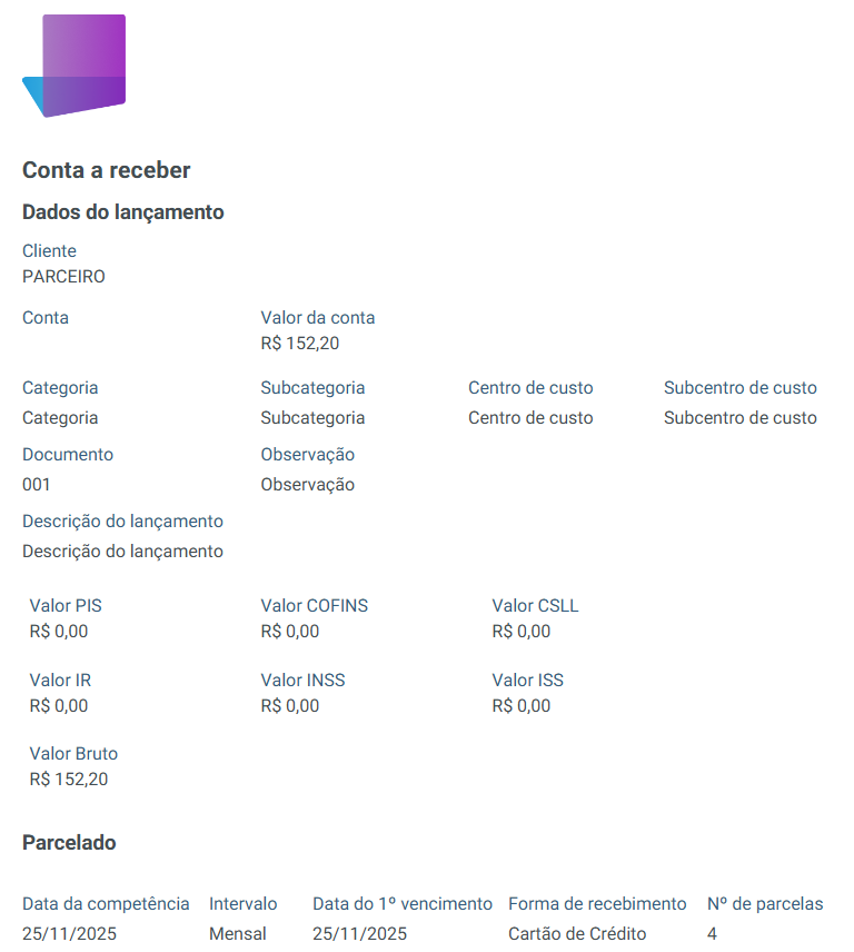 Seção de valores na janela de recebimento, mostrando campos para 'Desconto', 'Multa', 'Juros' e o valor total final.