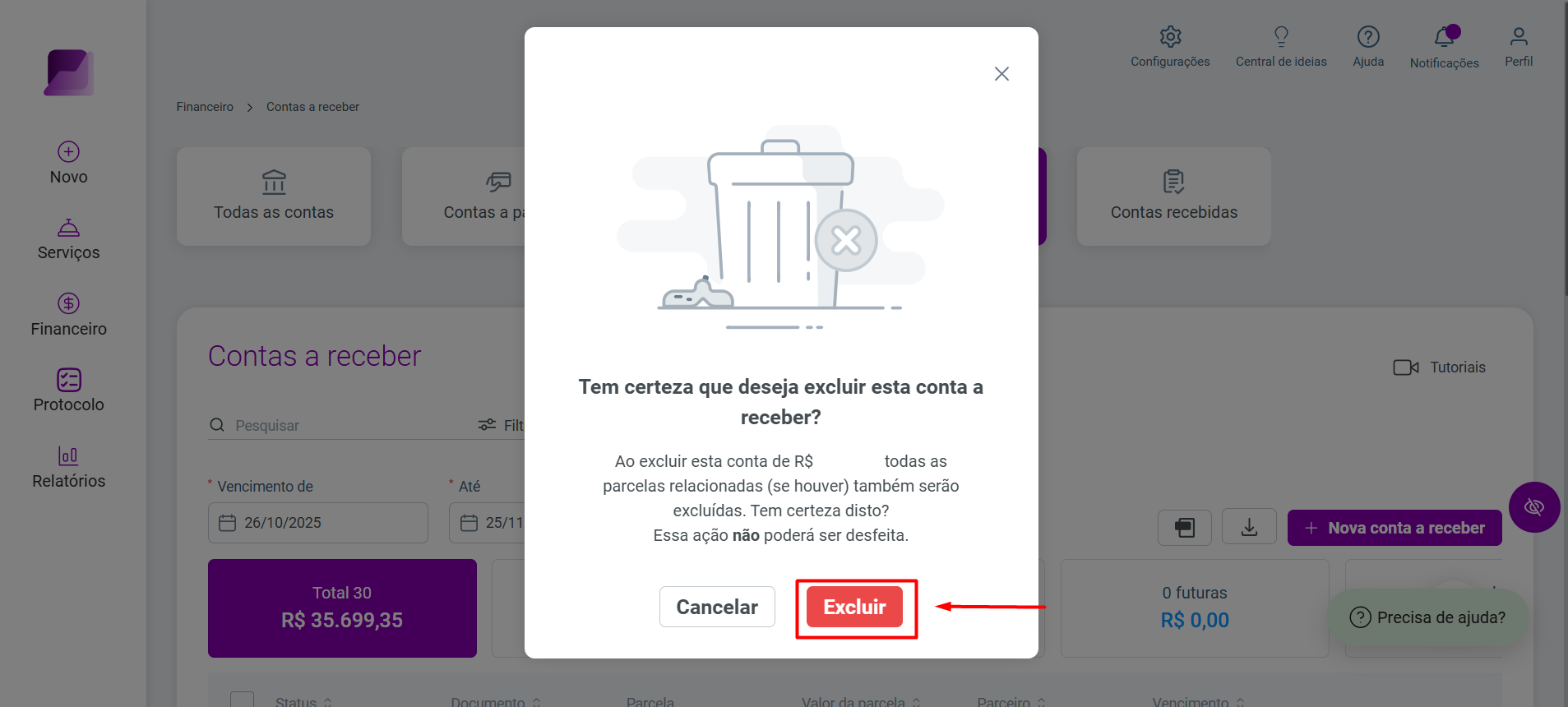 Registro específico na lista de contas destacado por uma caixa vermelha, exibindo descrição, valor e a situação 'Em aberto'.