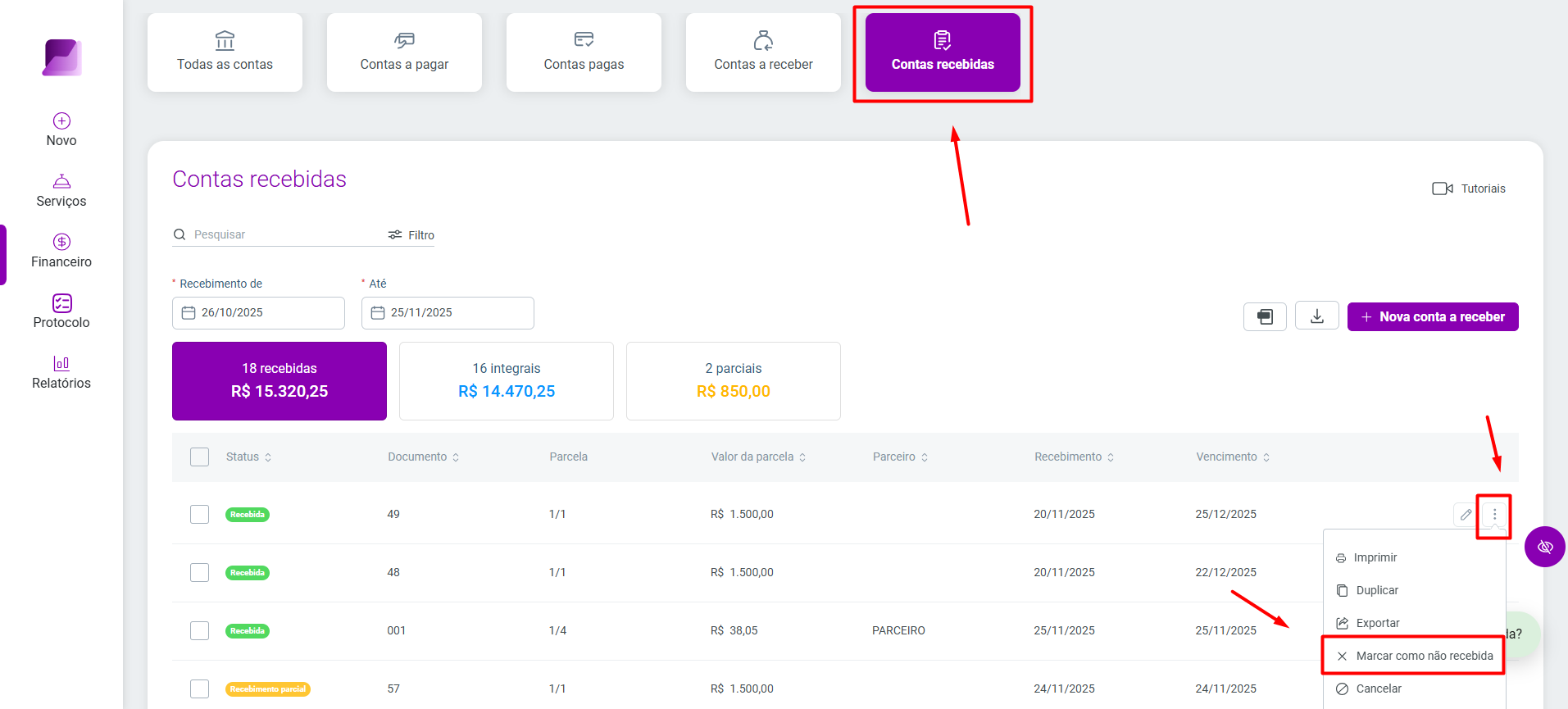 'Contas recebidas' em software de gestão, mostrando o menu de contexto de uma parcela recebida com a opção 'Marcar como não recebida' destacada.