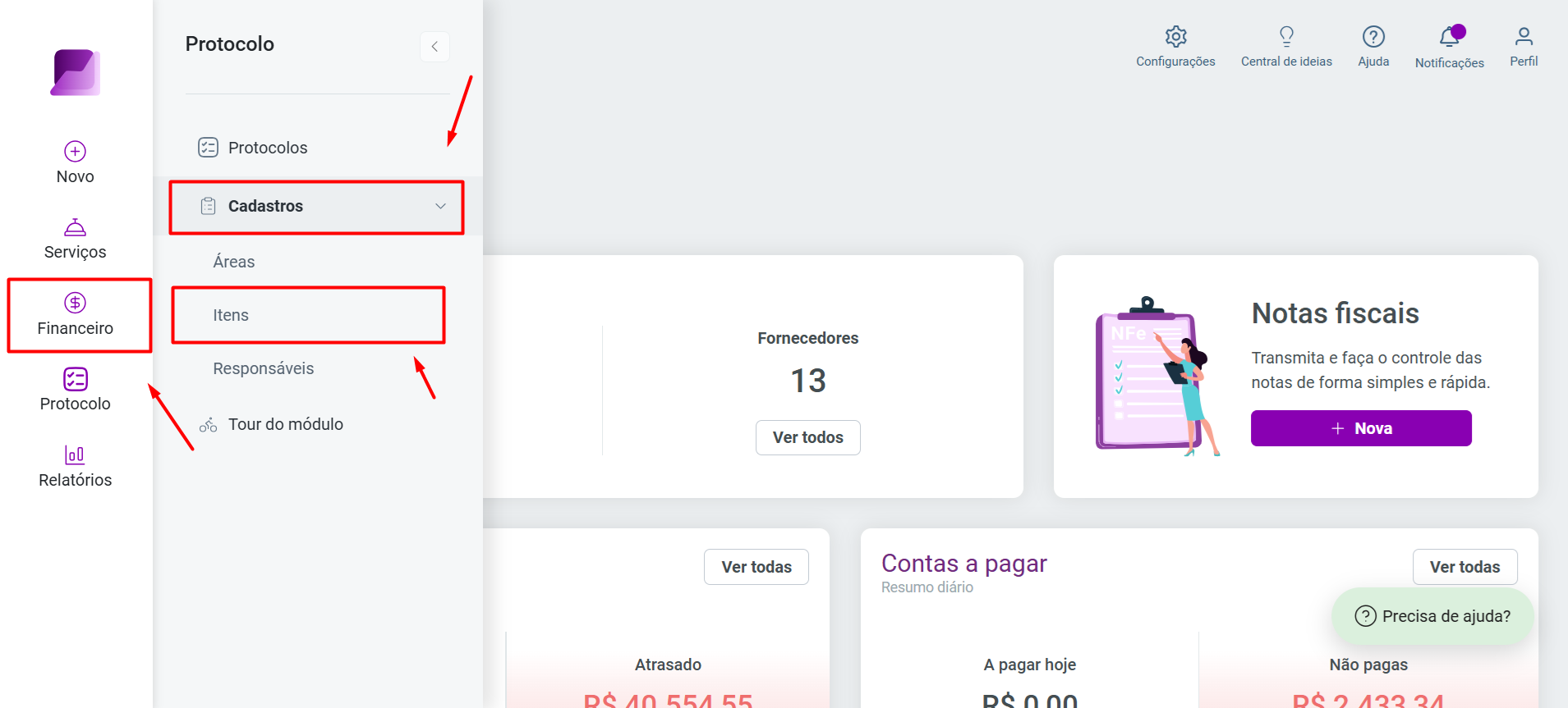 Menu lateral com o módulo Protocolo expandido, destacando as opções Cadastros e Itens com setas.