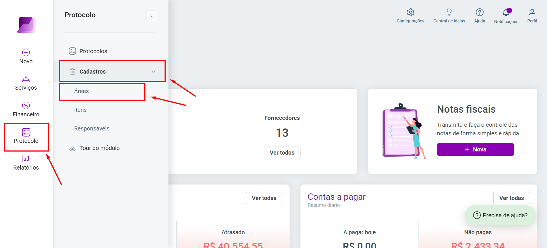 Menu lateral com o módulo Protocolo expandido, destacando as opções Cadastros e Áreas com setas.