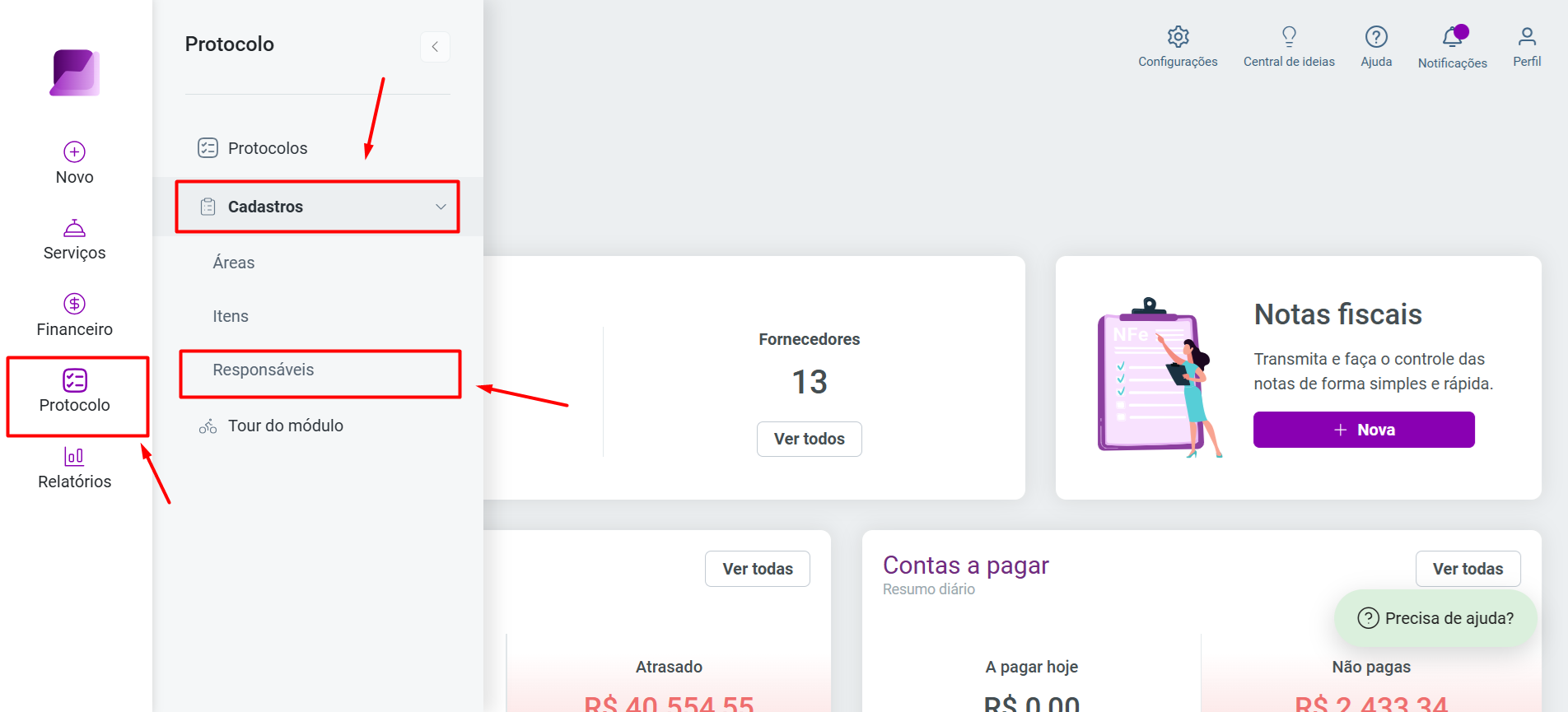 Menu lateral com o módulo Protocolo expandido, destacando as opções Cadastros e Responsáveis com setas.