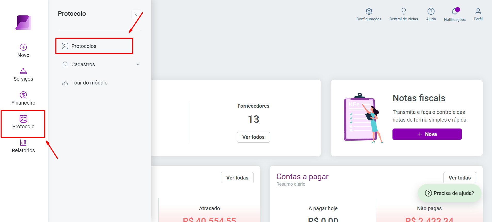 Tela de Módulo 'Protocolo' com menu lateral aberto destaque para a opção 'Protocolos' no submenu de acesso à listagem e emissão.