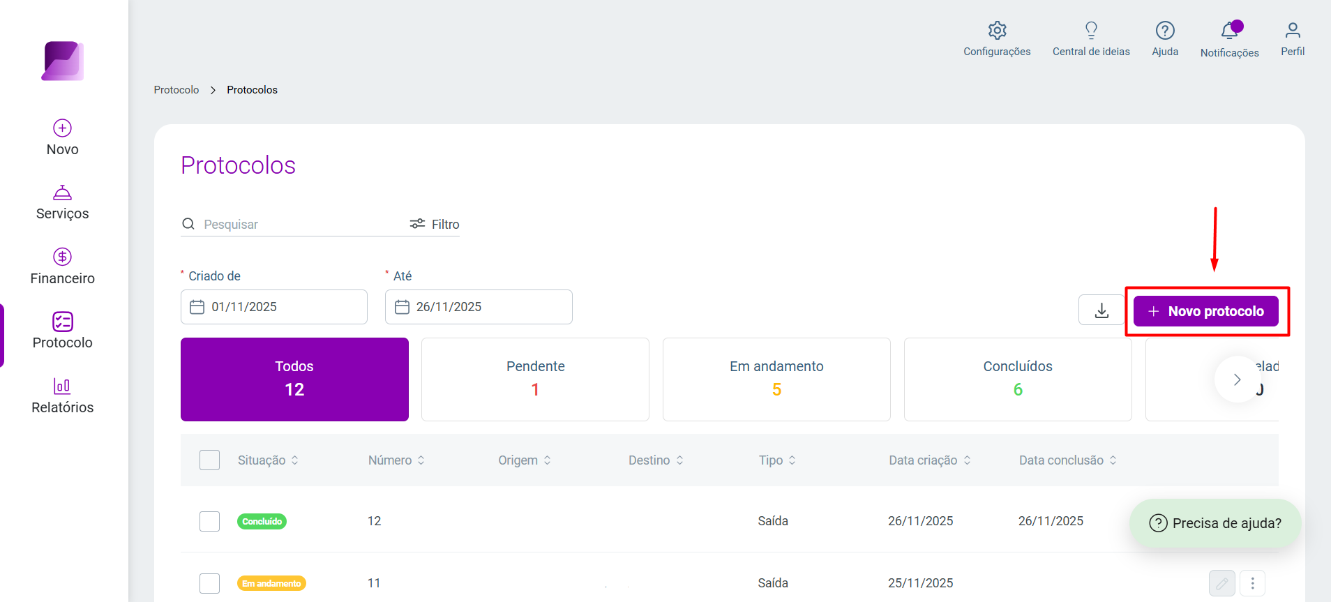 Tela de listagem de 'Protocolos' com filtros de datas e painéis de status destaque para o botão 'Novo protocolo' para iniciar o cadastro.