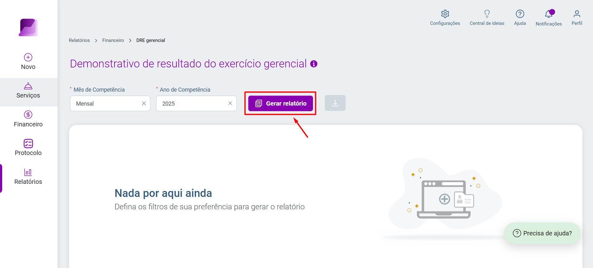 Tela de geração do Demonstrativo de resultado do exercício gerencial, com campos de filtro 'Mês de competência' e 'Ano de competência', e o botão 'Gerar relatório' em destaque.