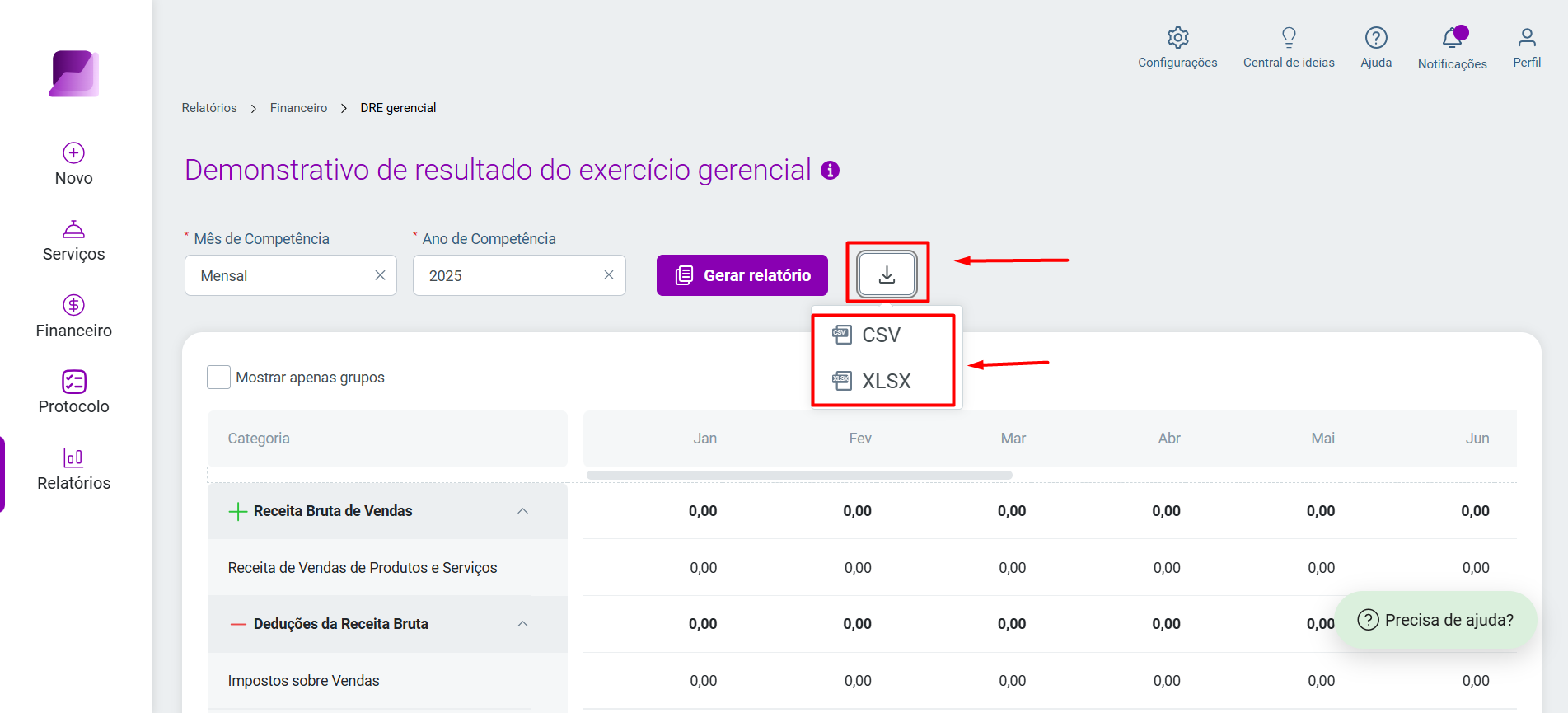 Tela do relatório DRE gerencial, mostrando o ícone de download clicado e as opções de formato para exportação dos dados, 'CSV' e 'XLSX', destacadas.