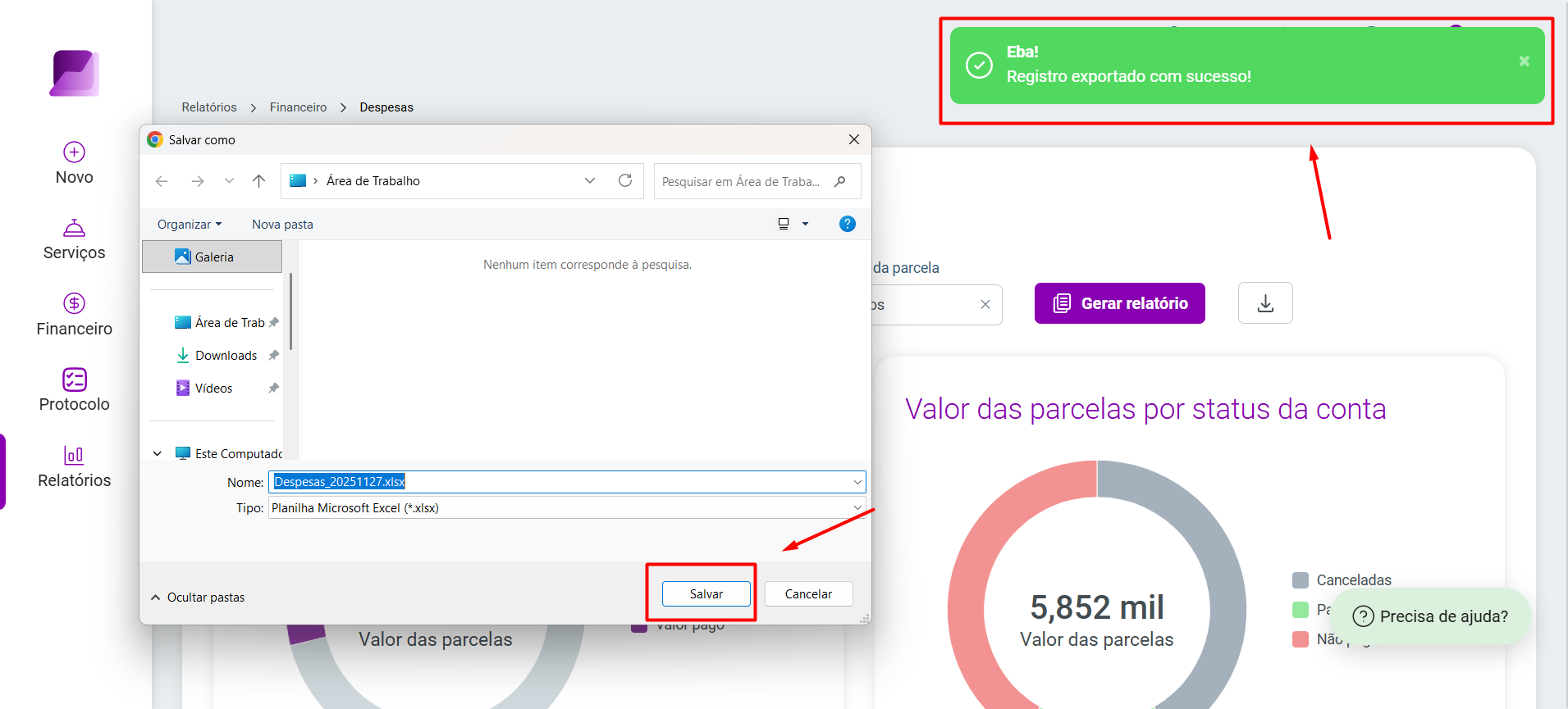 Janela de salvamento do arquivo 'Despesas 20251127.xlsx' (planilha Microsoft Excel). Um banner de notificação verde no topo confirma o sucesso da exportação do registro.
