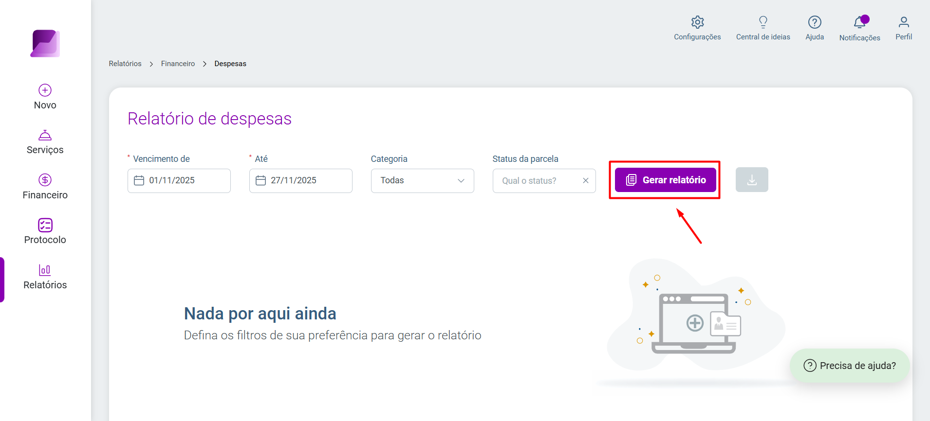 Tela do relatório de despesas com campos de filtro preenchidos. A seta aponta para o botão 'Gerar relatório', que deve ser acionado para visualizar os dados.