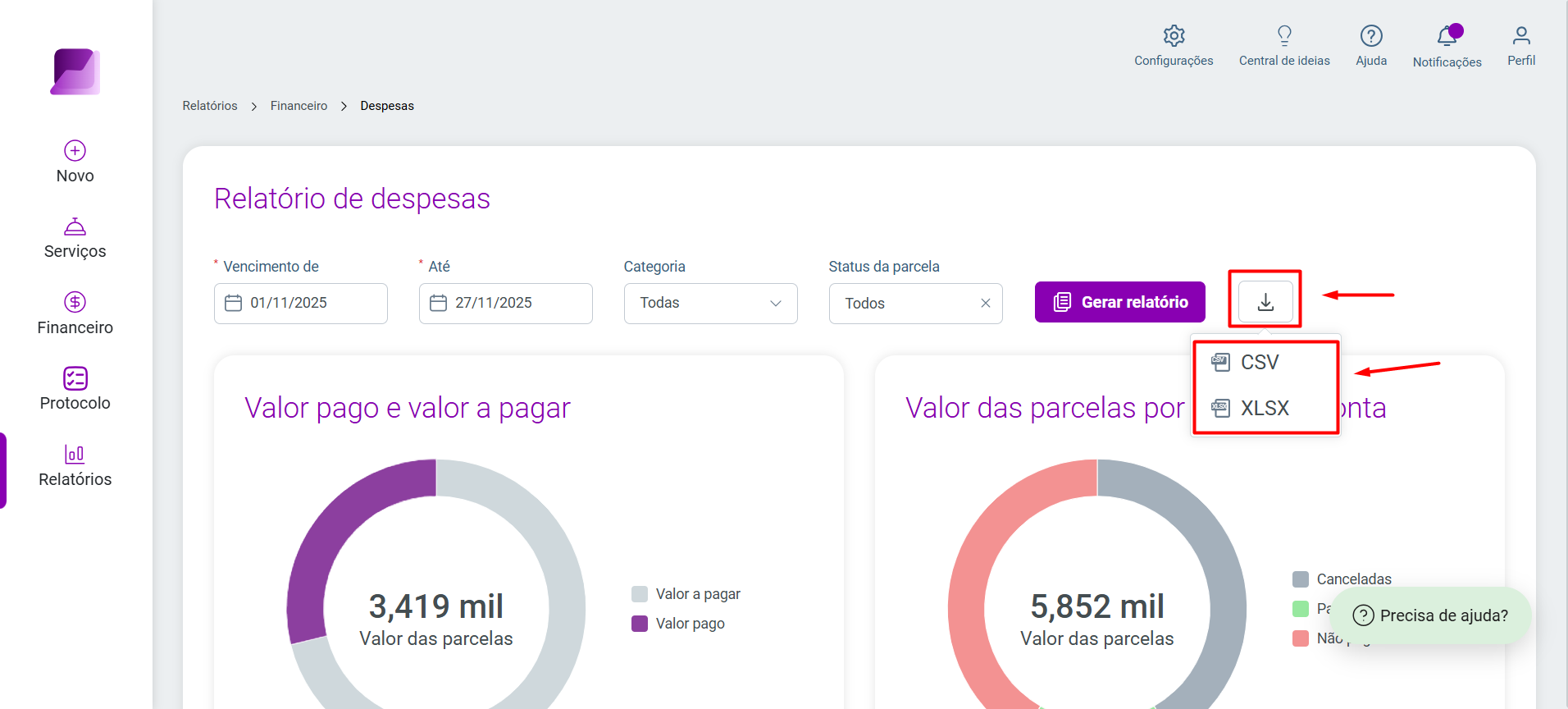 Tela do relatório de despesas com filtros de vencimento preenchidos. O botão de download está destacado, mostrando as opções de exportação do relatório nos formatos 'CSV' ou 'XLSX'.