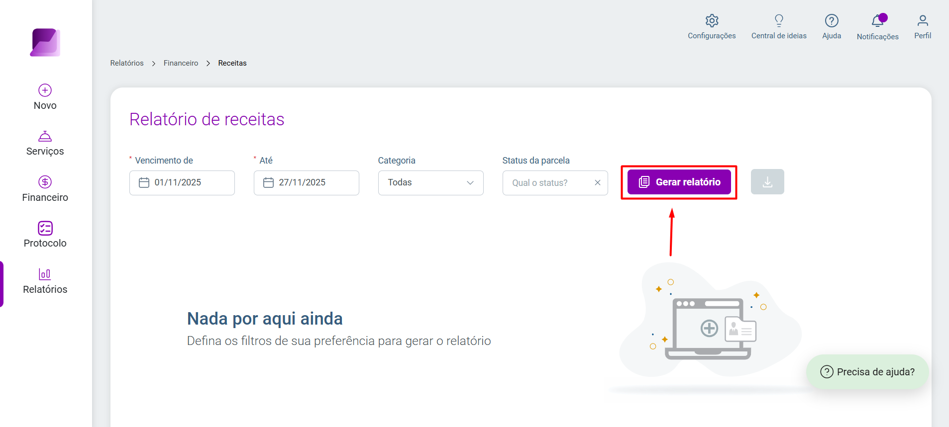 Tela de 'Relatório de receitas'. Os campos de filtro de vencimento estão preenchidos. A seta aponta para o botão 'Gerar relatório', indicando a ação de visualização.