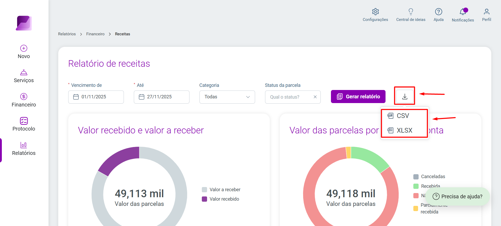 Visualização do relatório de receitas com gráficos de valor recebido. O botão de download está destacado, exibindo as opções de exportação do relatório nos formatos 'CSV' ou 'XLSX'.