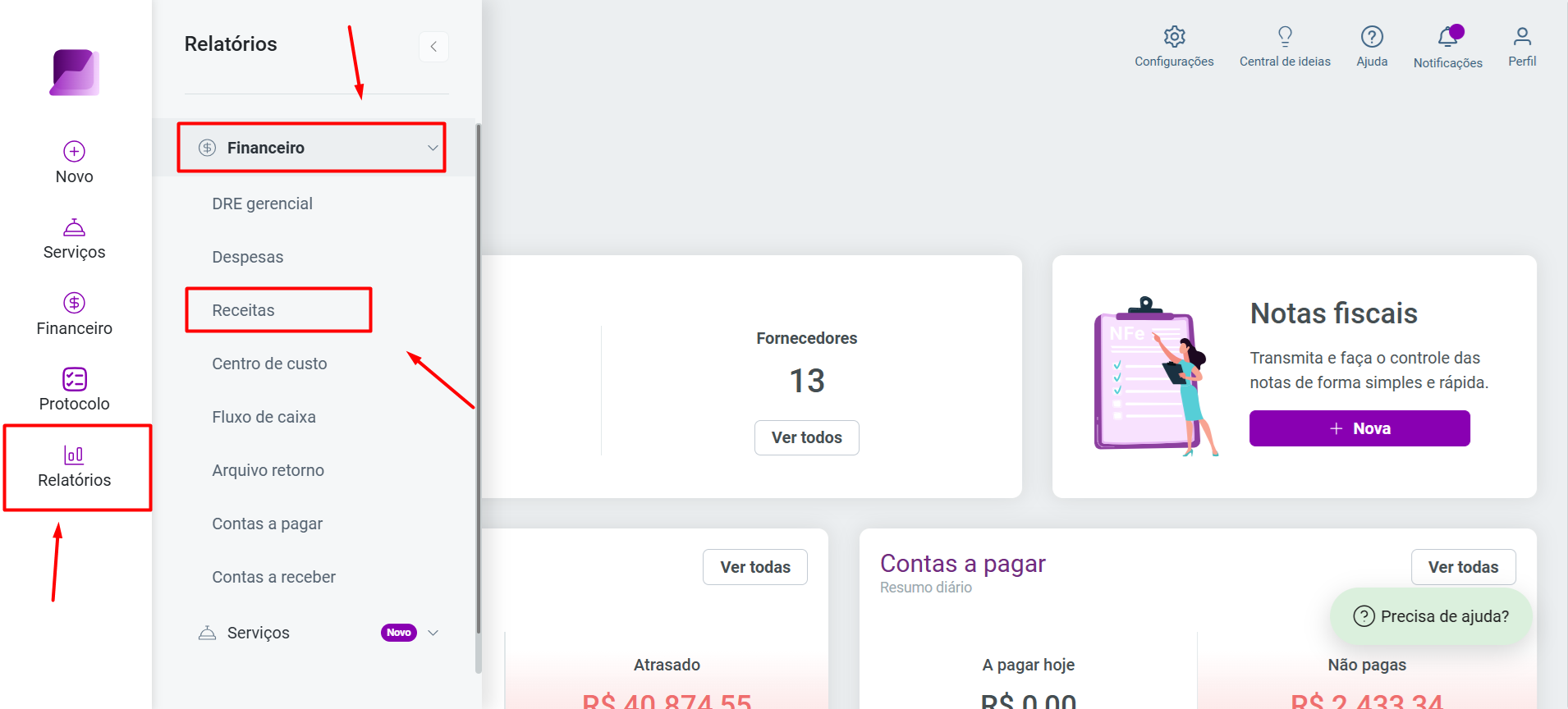 Tela de navegação no sistema. O menu lateral mostra a opção 'Relatórios' selecionada, expandindo para 'Financeiro' e, em seguida, 'Receitas'.