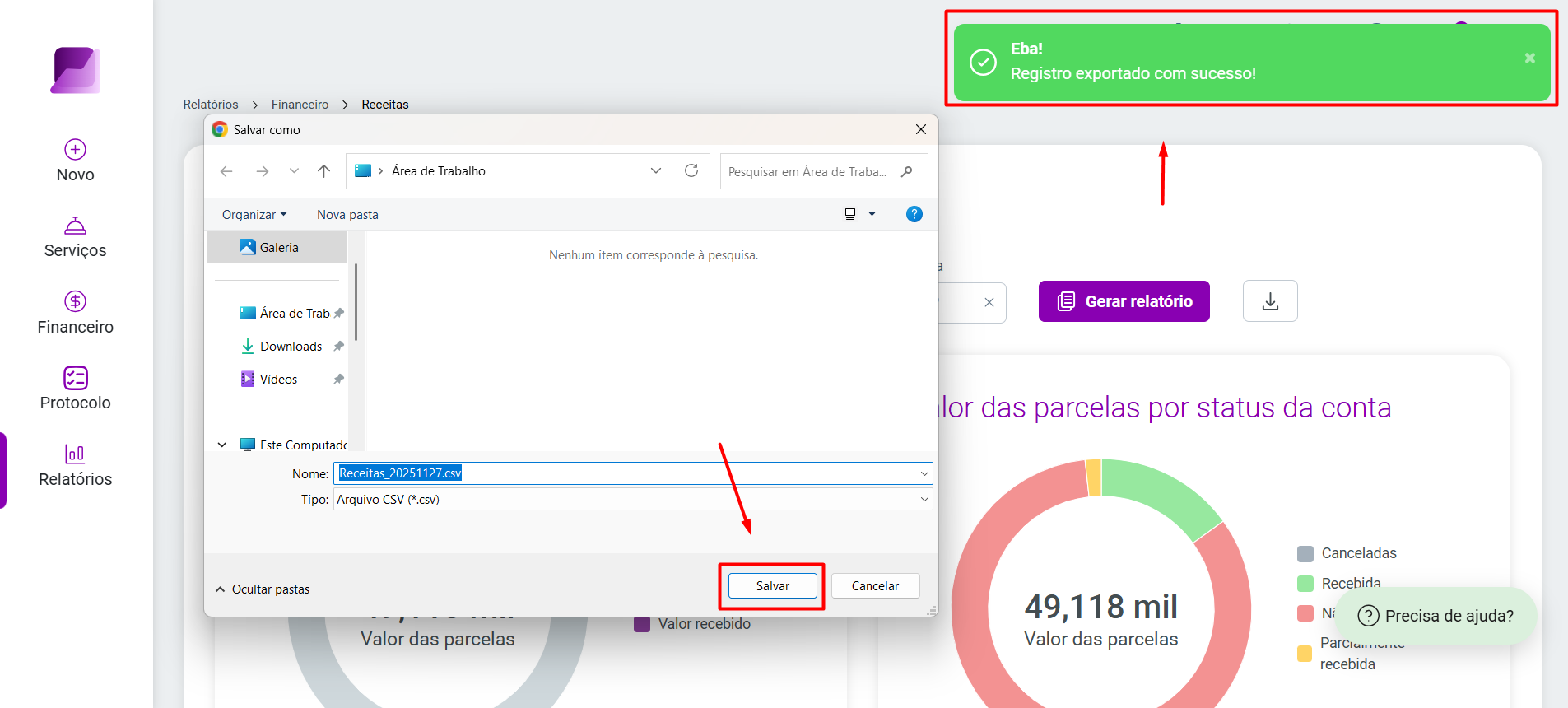 Janela de salvamento do arquivo 'Receitas_20251127.csv'. O registro é exportado com sucesso, conforme o banner de notificação verde no topo.