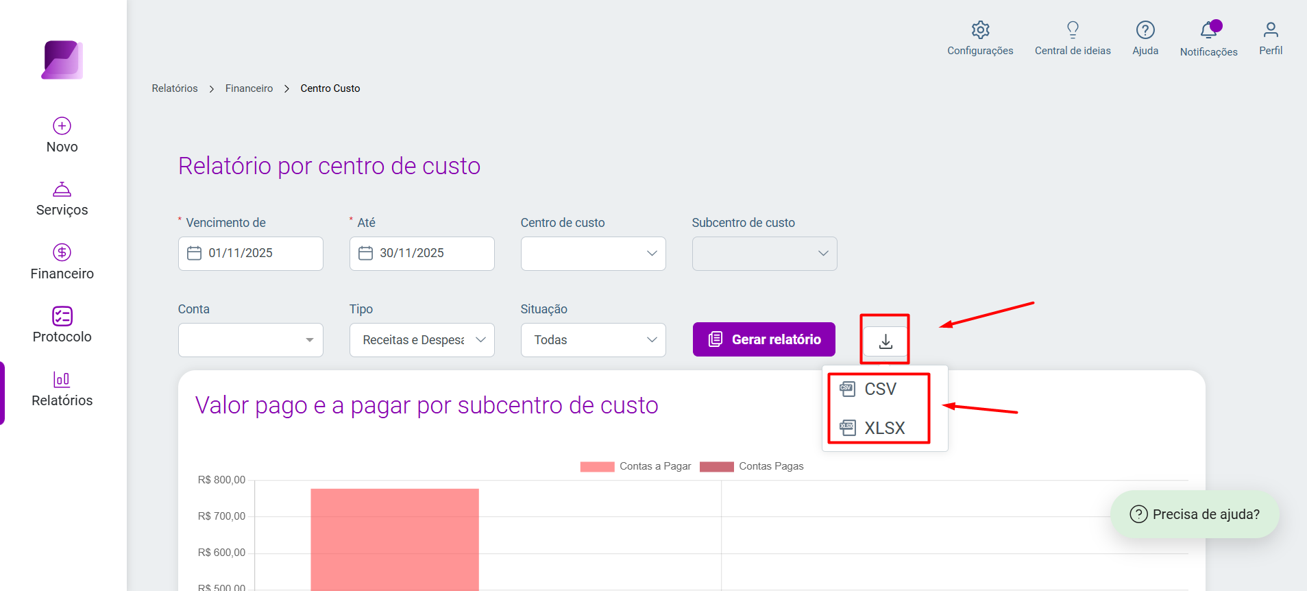 Tela do relatório por centro de custo. Destaque no botão de exportar exibindo as opções de download nos formatos CSV e XLSX.