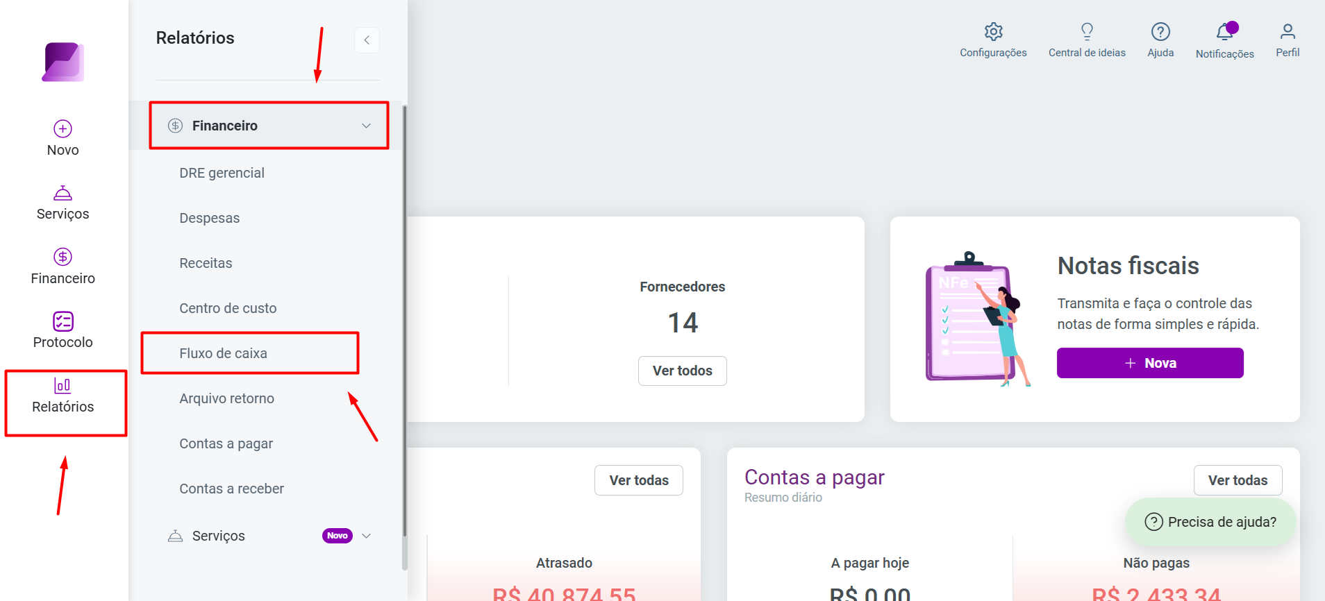 Menu lateral do sistema com a navegação expandida em 'Relatórios' e 'Financeiro', destacando a seleção da opção 'Fluxo de caixa'.