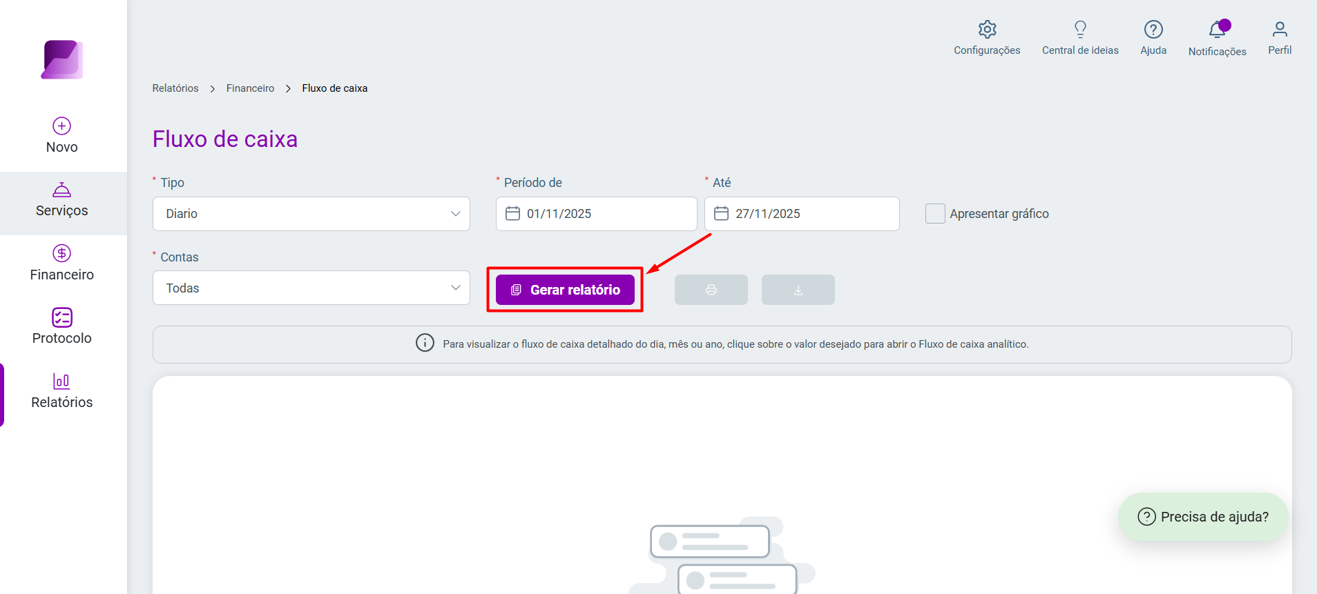Tela de configuração do fluxo de caixa com destaque para o botão roxo 'Gerar relatório', posicionado após os campos de filtros de data e conta.