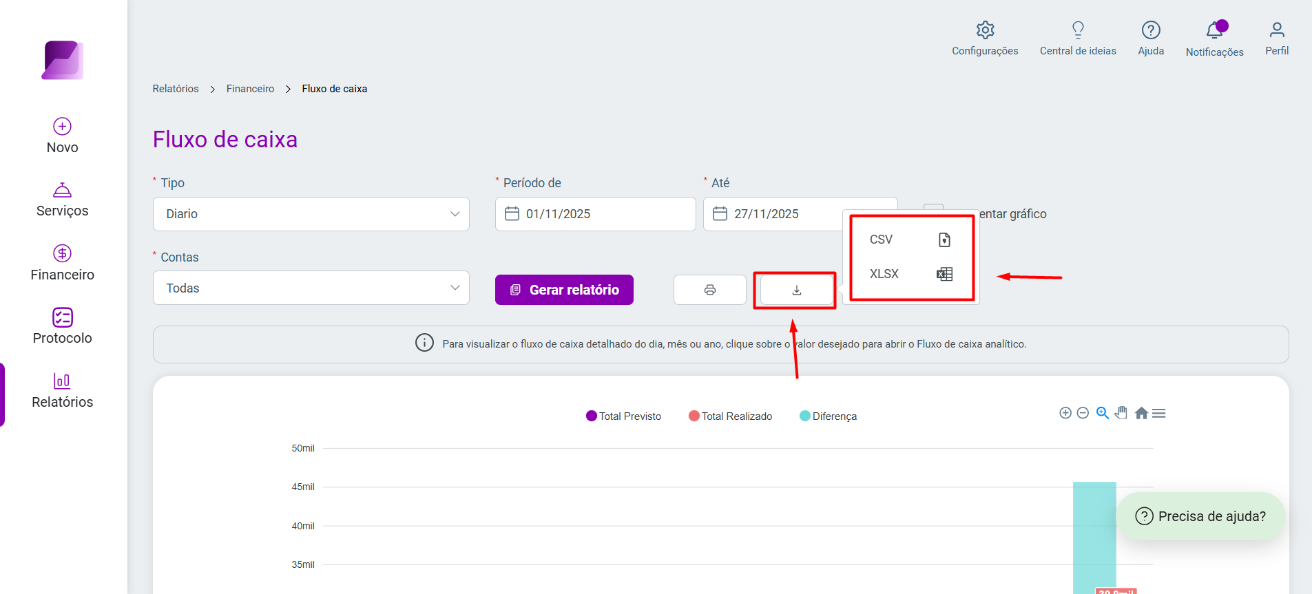 Botão de download destacado na tela de fluxo de caixa, exibindo o menu suspenso com as opções de formatos de arquivo para exportação 'CSV' e 'XLSX'.