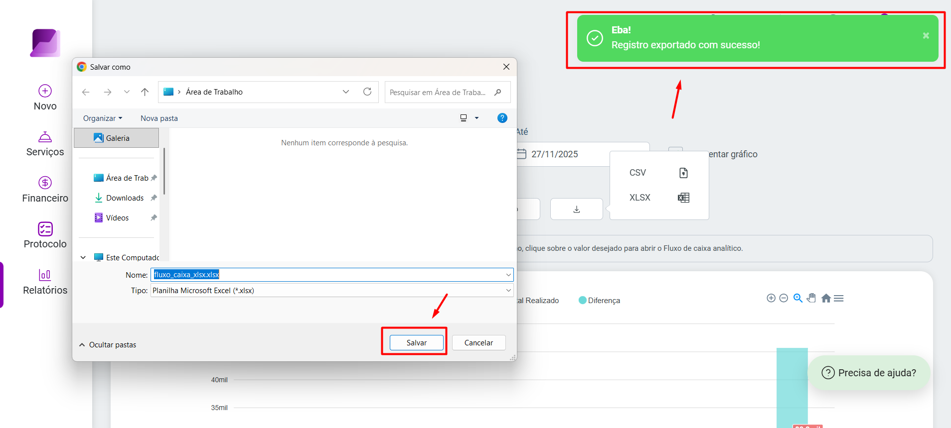 Janela do sistema operacional para salvar o arquivo excel e notificação verde no topo da tela confirmando: 'Registro exportado com sucesso!'.
