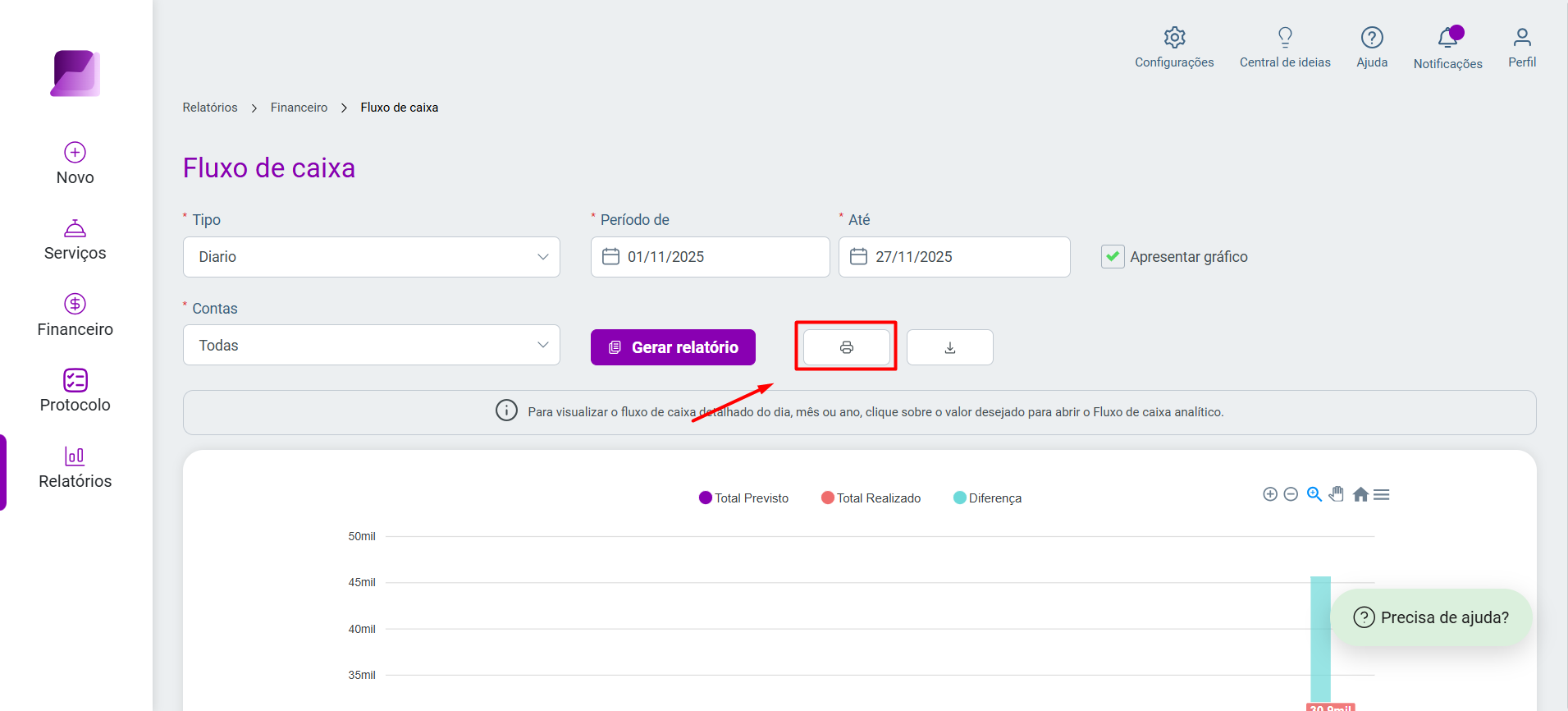 Interface de filtros do relatório com destaque em vermelho para o botão de impressão, representado pelo ícone de uma impressora.