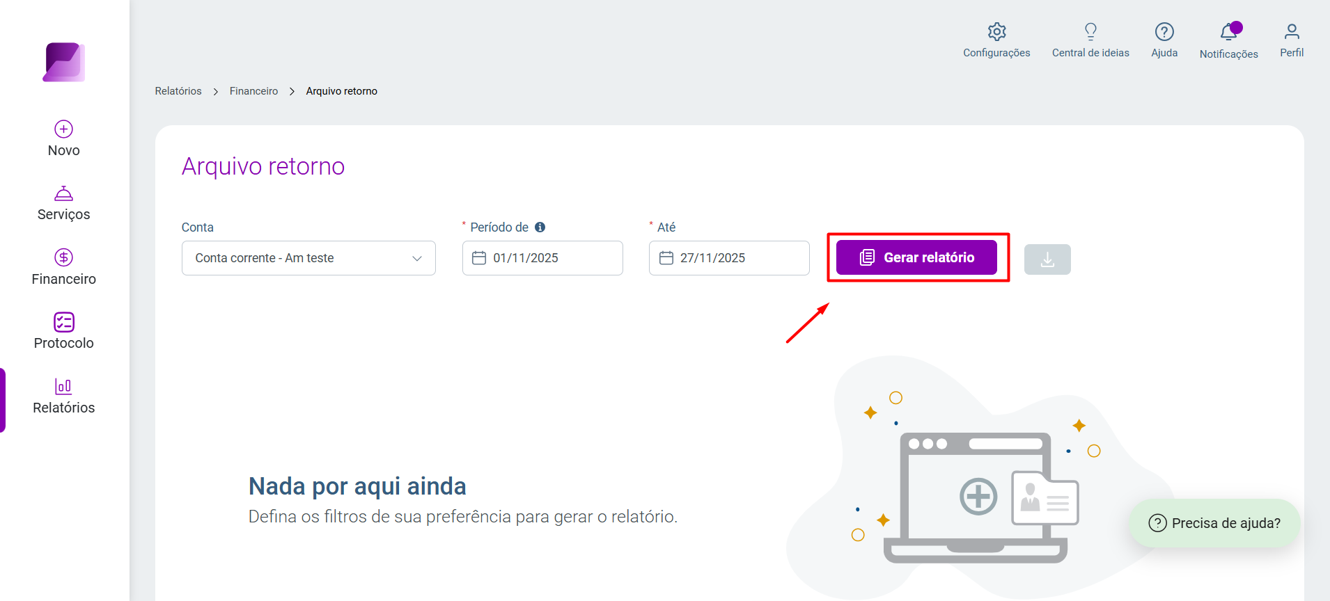 Tela de 'Arquivo retorno' com os filtros de 'Conta' e 'Período' preenchidos e o botão 'Gerar relatório' em destaque.