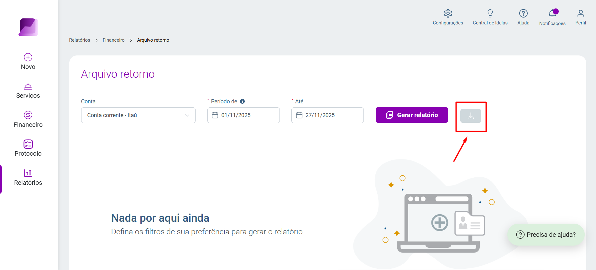 Tela de 'Arquivo retorno' com a opção 'Gerar relatório' e o ícone de download em destaque.