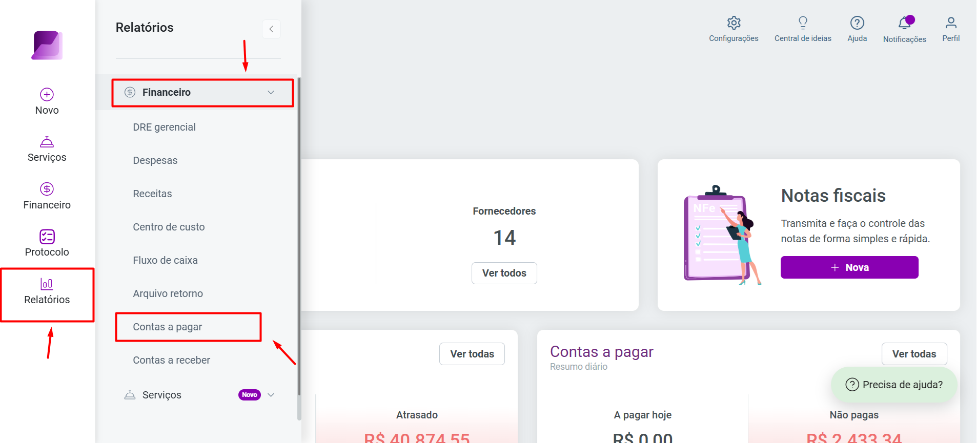 Tela de início com menu lateral. Em 'Financeiro', a opção 'Relatórios' está selecionada, e o submenu expandido destaca 'Contas a pagar'.
