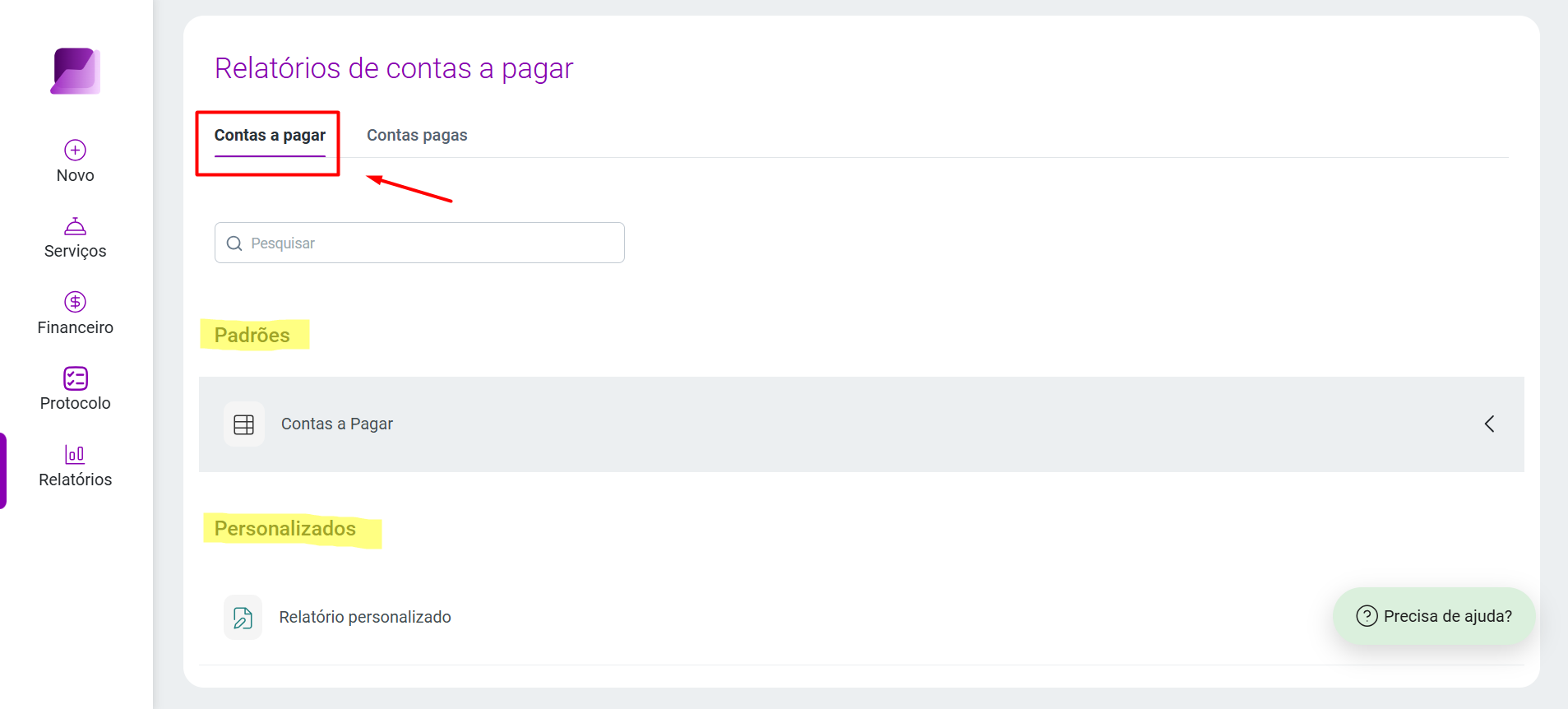Tela 'Relatórios de contas a pagar'. A aba 'Contas a pagar' está ativa e as seções 'Padrões' e 'Personalizados' estão visíveis.