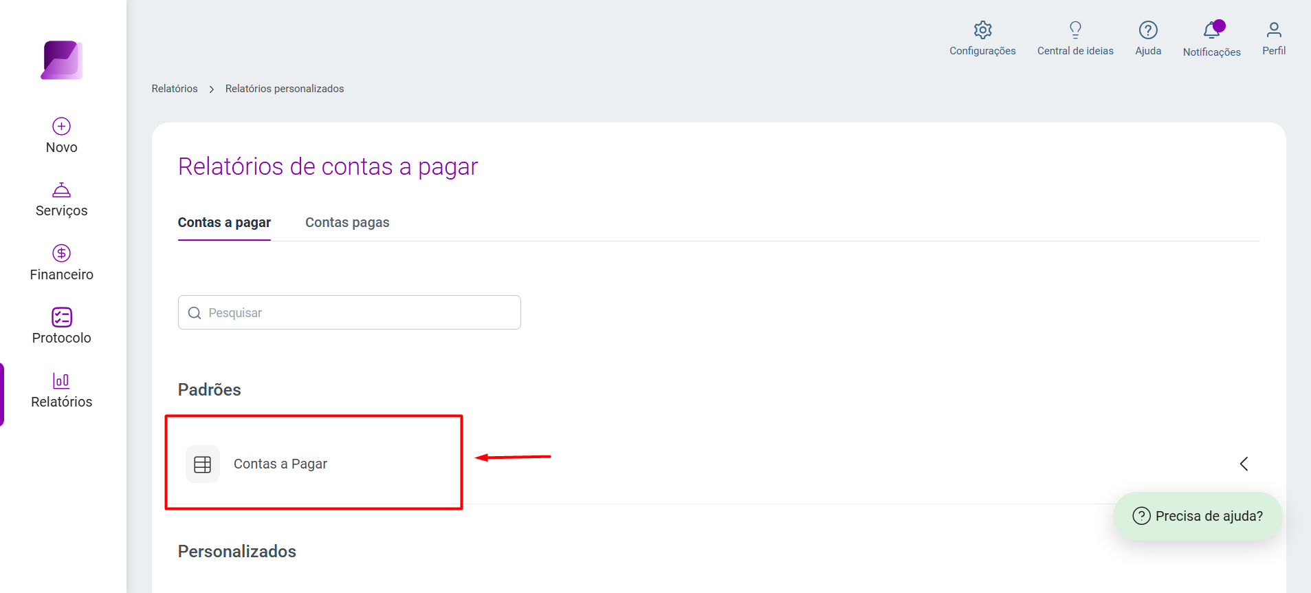 Tela de relatórios de contas a pagar, com a seção 'Padrões' exibindo o relatório 'Contas a pagar' destacado por um retângulo vermelho.