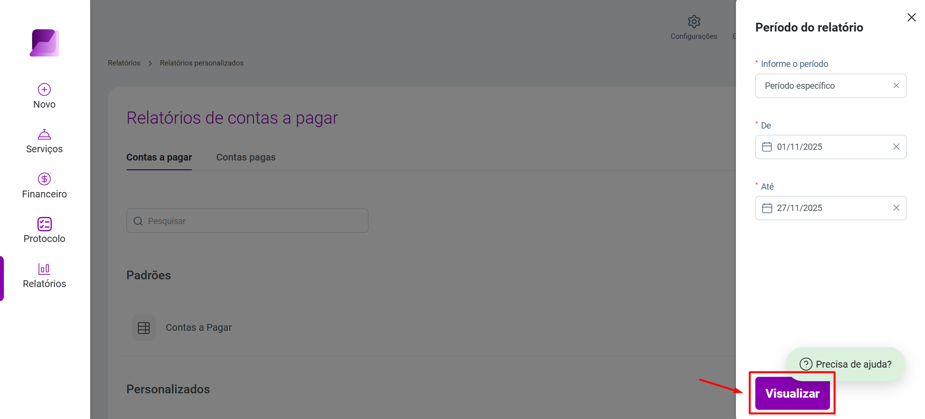 Configuração do 'Período do relatório' com a data inicial '01/11/2025' e final '27/11/2025'. O botão 'Visualizar' está destacado no rodapé.