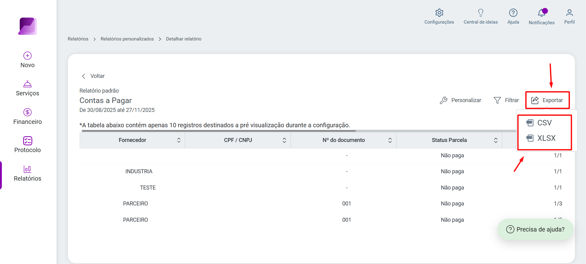 Detalhe do relatório com o menu 'Exportar' expandido, oferecendo as opções 'CSV' e 'XLSX', ambas destacadas.