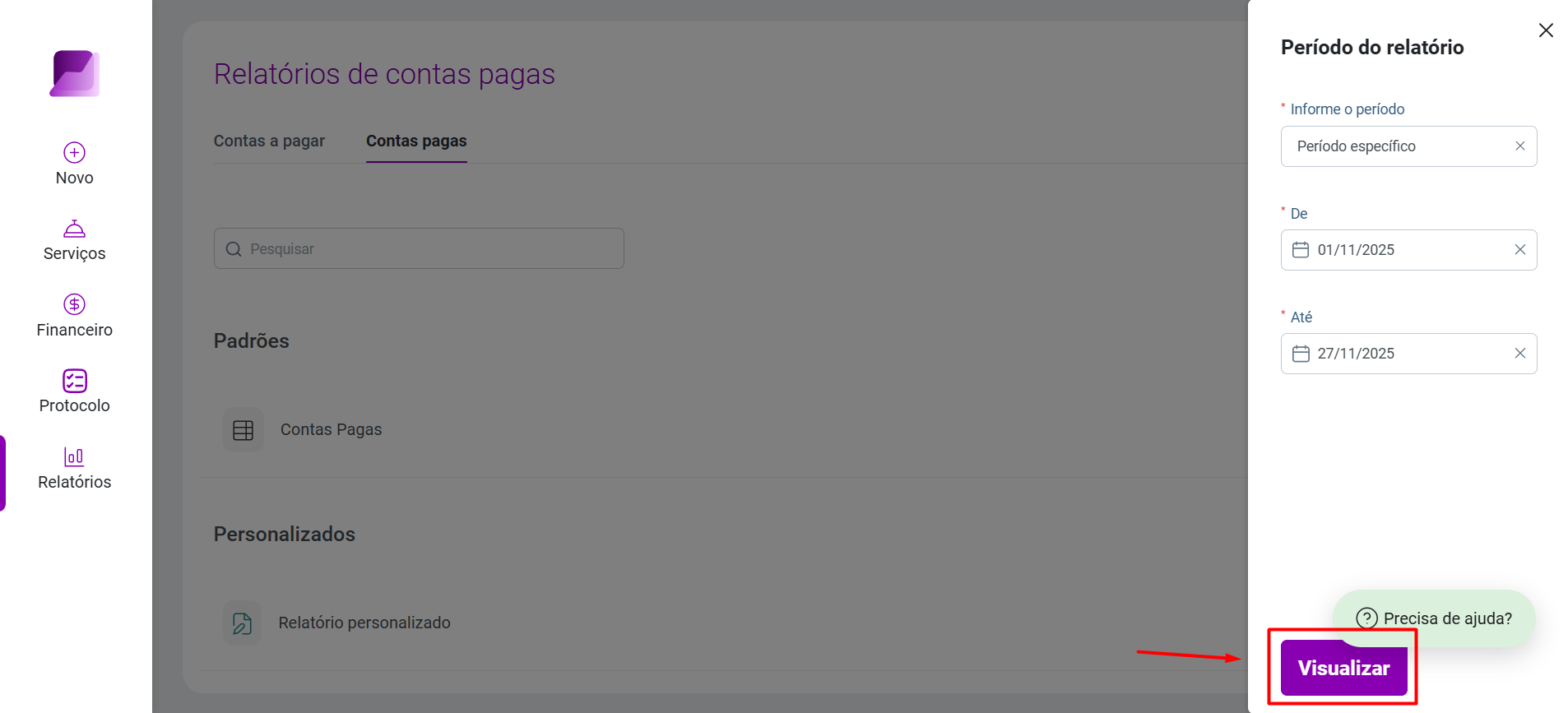 Modal de 'Período do relatório' aberta na tela 'Relatórios de contas pagas', com o botão 'Visualizar' em destaque para gerar o relatório.