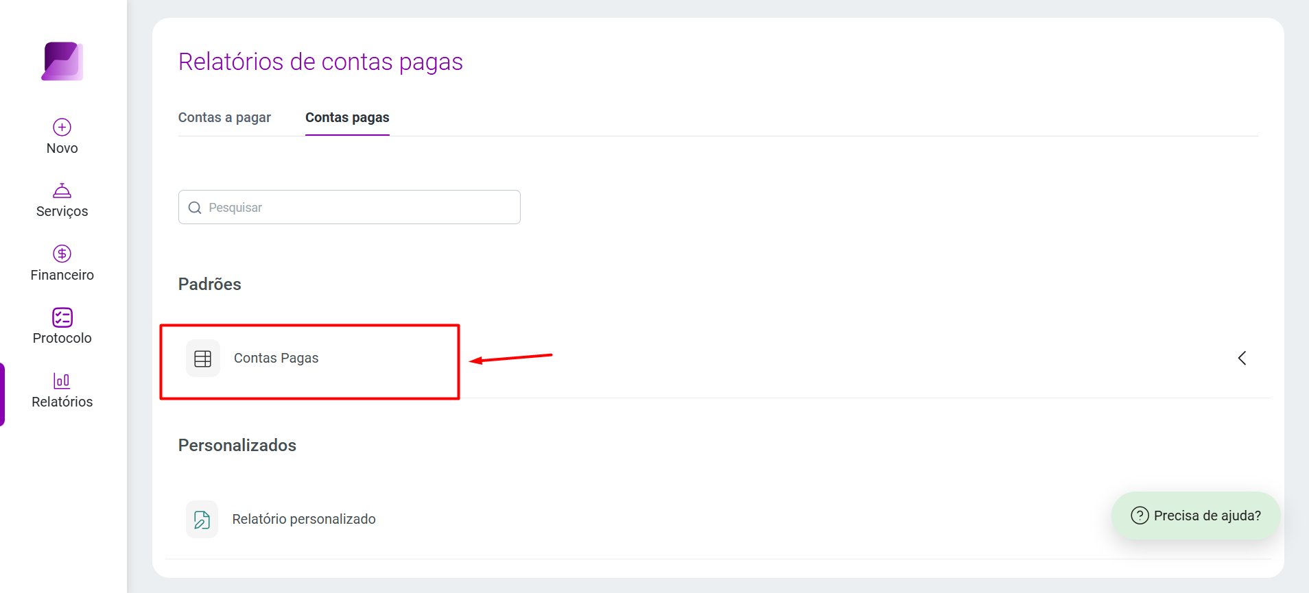 Tela de 'Relatórios de contas pagas', realçando o 'Relatório padrão - Contas Pagas' para acesso rápido.