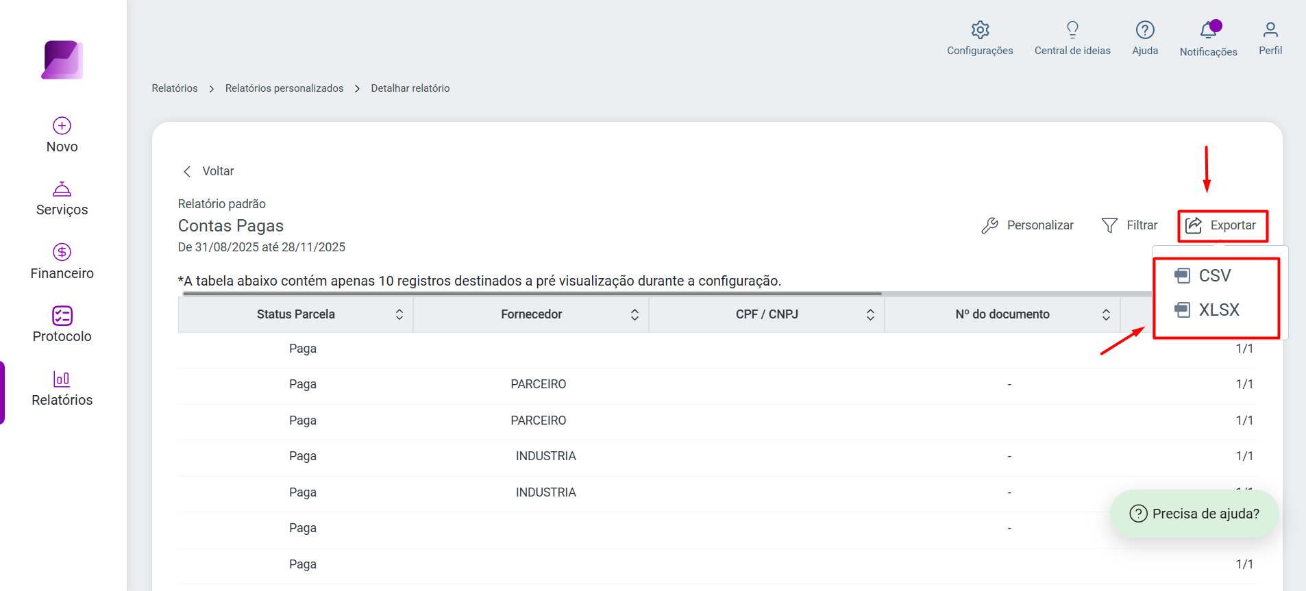 Botão 'Exportar' destacado na tela do relatório, com o menu suspenso exibindo as opções de formato 'CSV' e 'XLSX'.