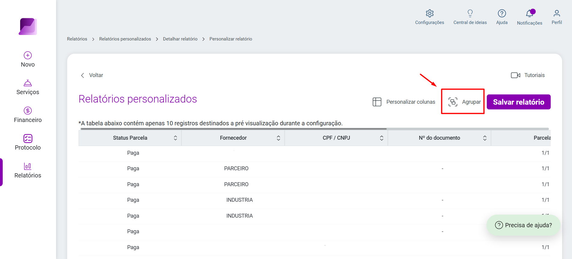 Barra de ferramentas do relatório personalizado com o botão 'Agrupar' destacado, localizado ao lado da opção salvar.