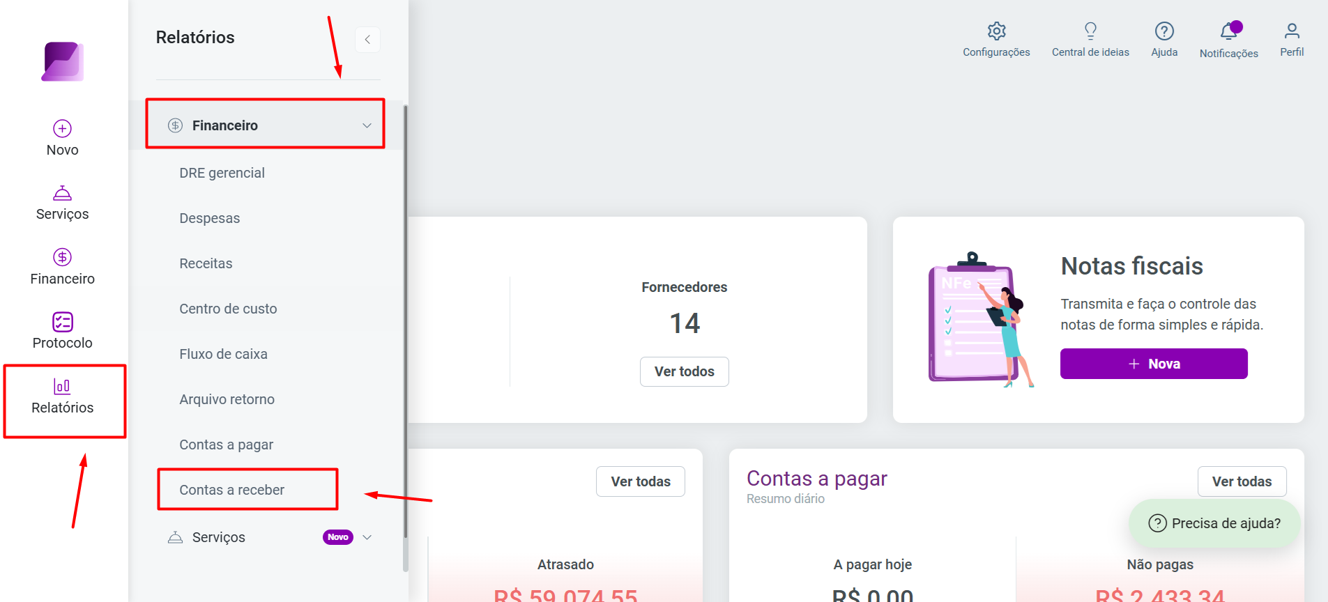 Menu lateral com as opções 'Relatórios', subcategoria 'Financeiro' e item 'Contas a receber' destacados em vermelho.